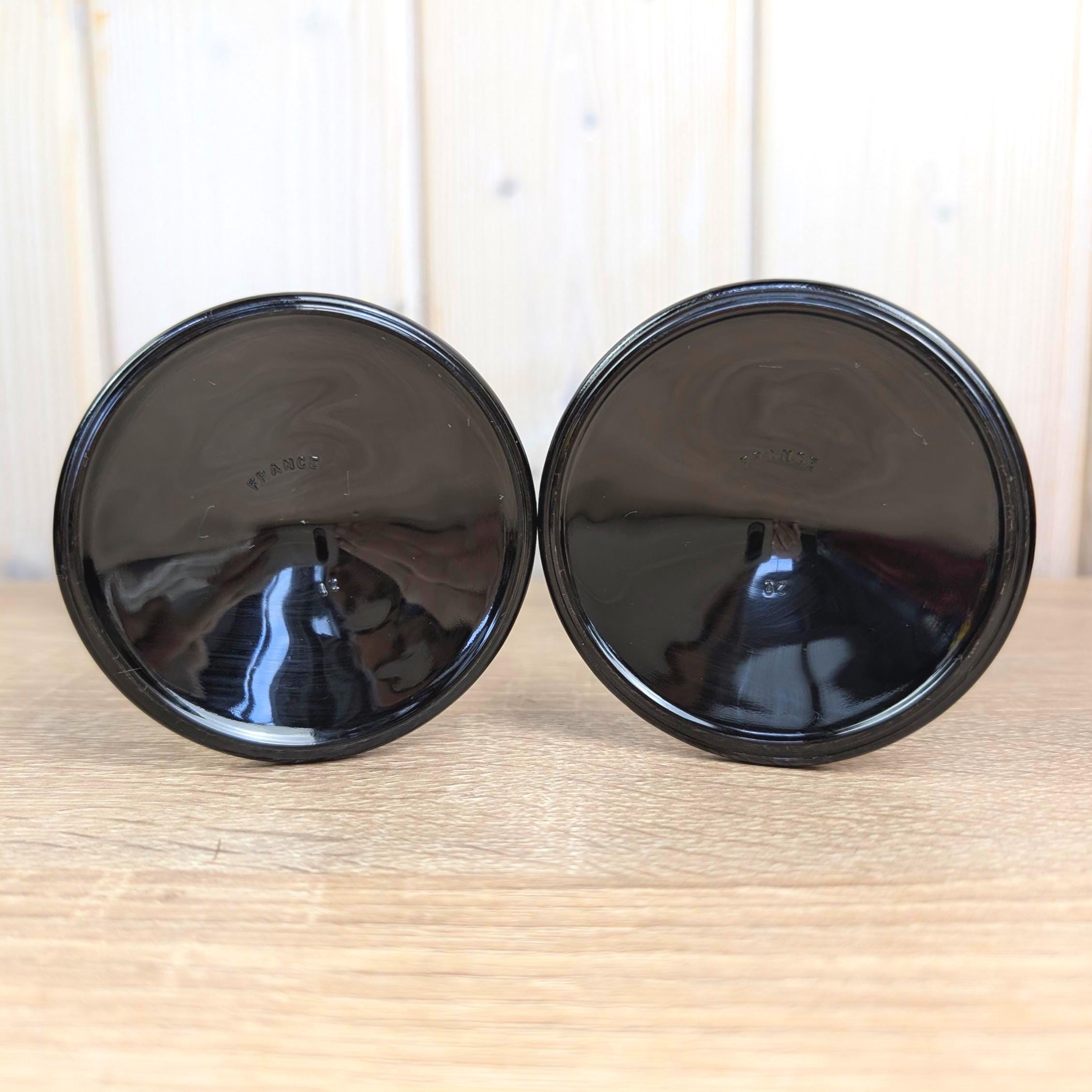 Luminarc Black Glass Goblets, Set of 2, Embossed Fruit Motif, Made in France, 1970s Vintage Barware