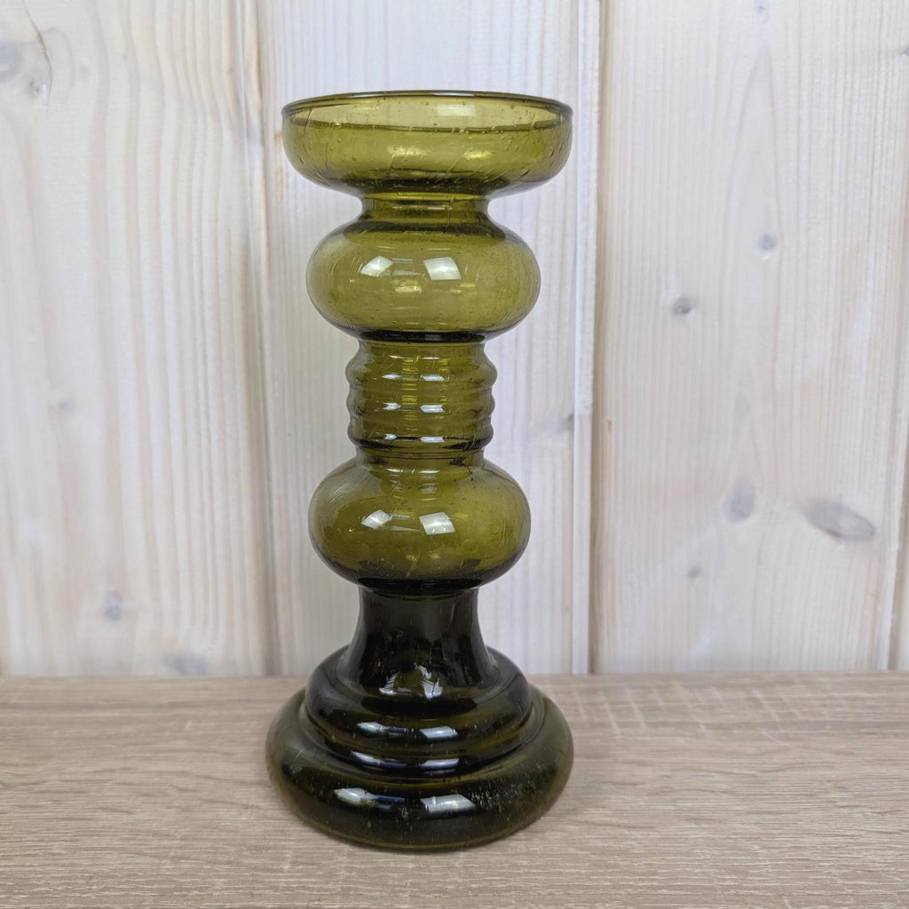 Vintage olive green glass vase candleholder, handblown art glass, Ingrid Glas, Germany, 1970s