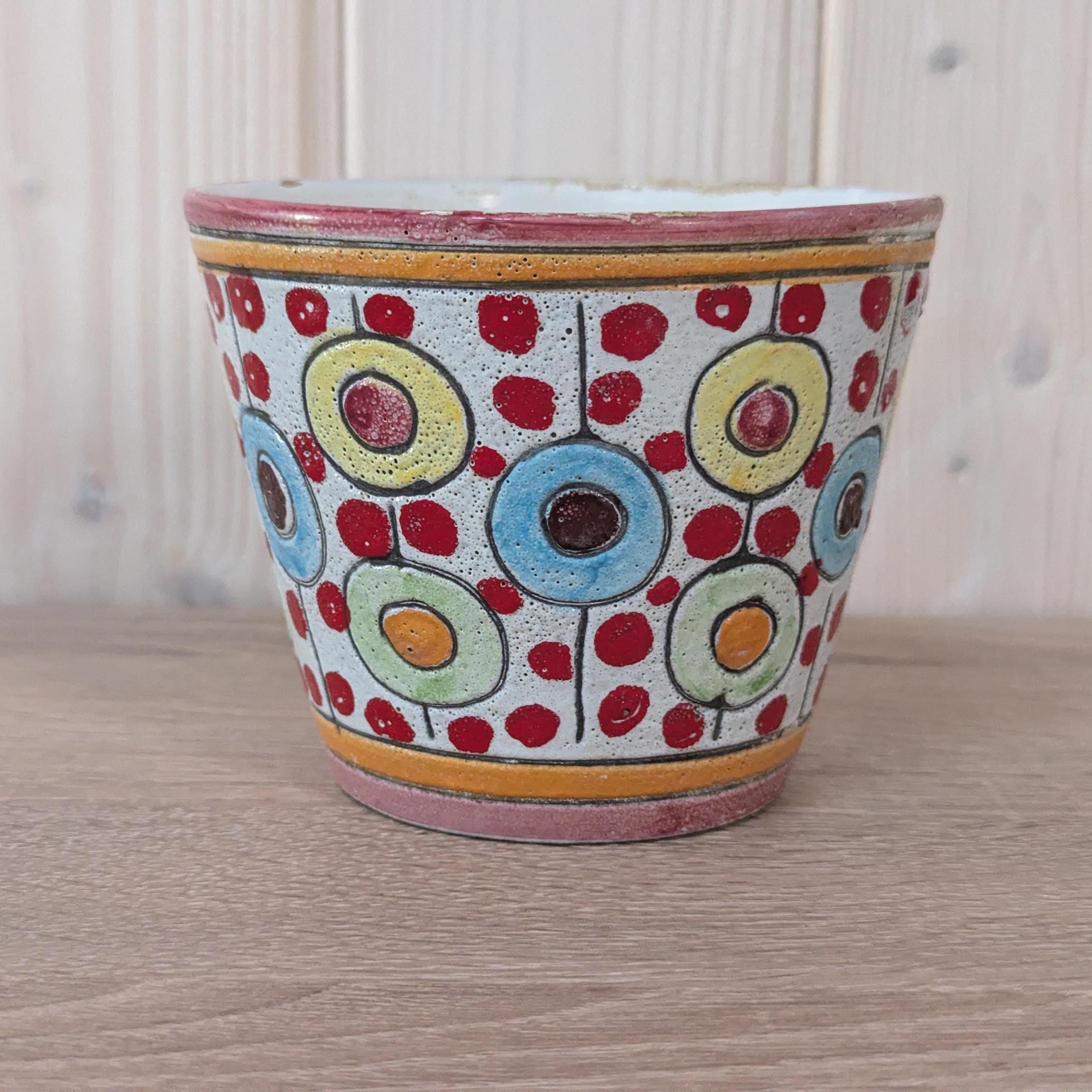 Colorful Italian Ceramic Planter, 1970s Art Pottery Flower Pot, Retro Mid Century Decor