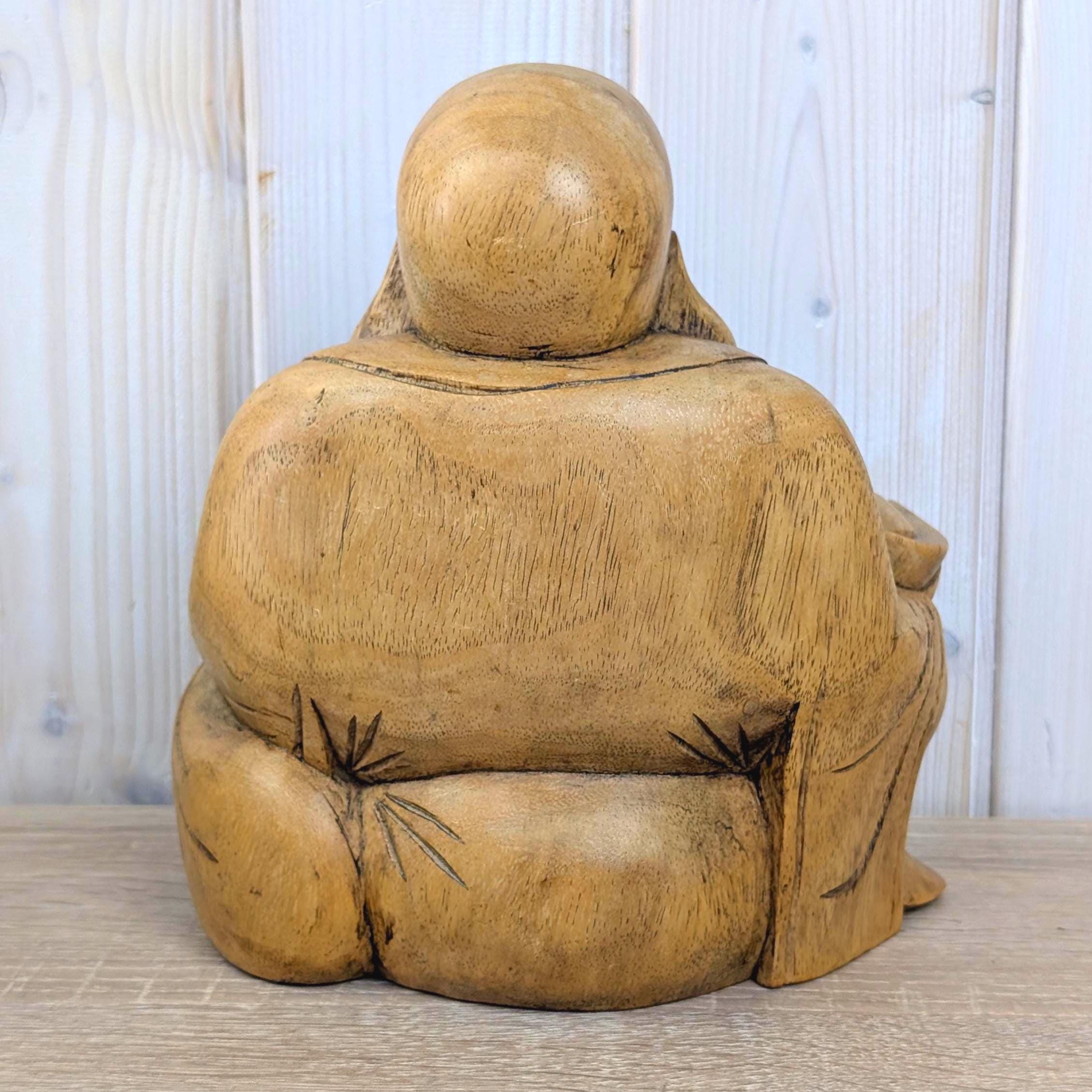 Laughing Buddha Statue Hand Carved Wood, Sitting Budai Figurine, Happiness Wealth Sculpture, Vintage Asian Folk Art, 1980s