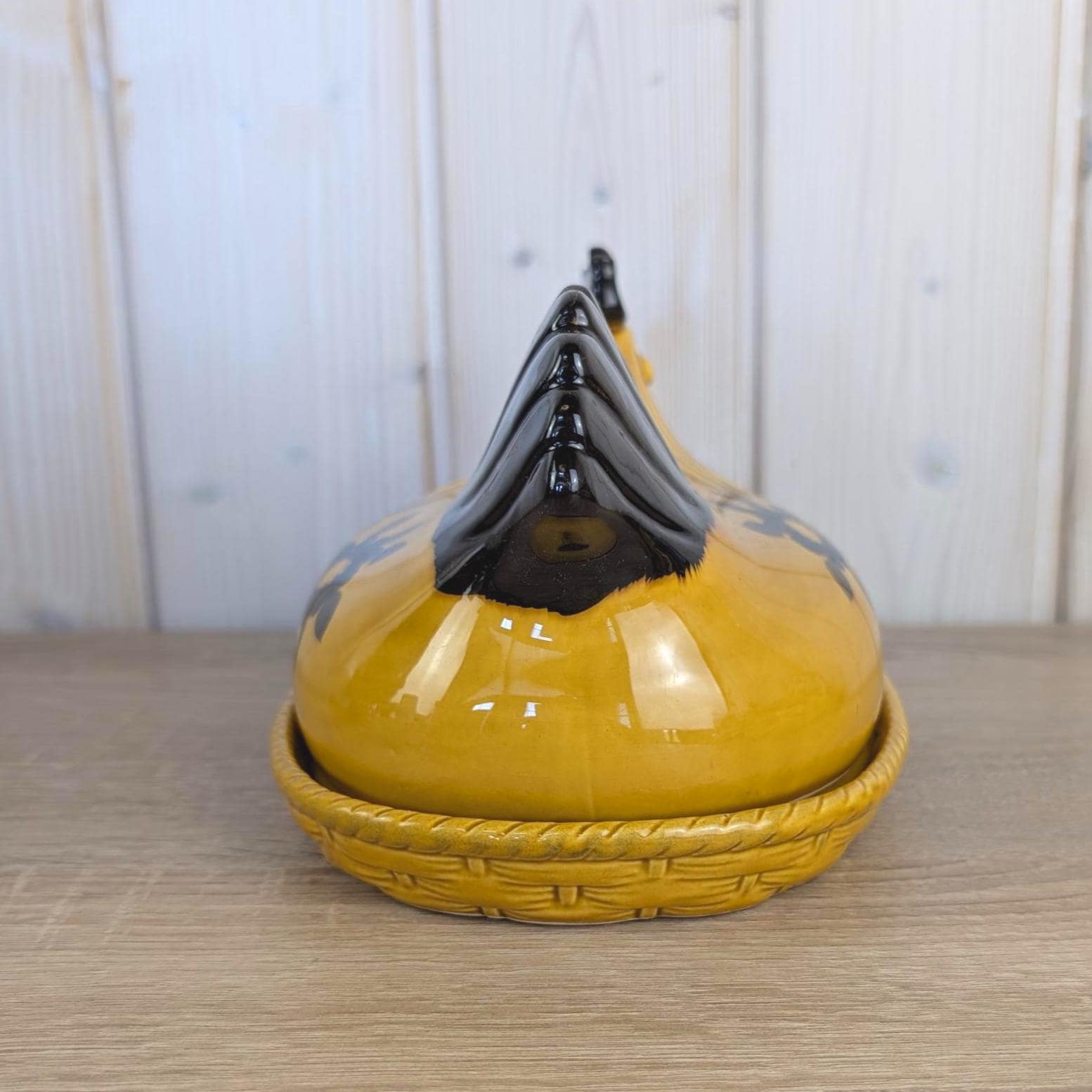 Vintage Ceramic Hen on Nest Egg Dish, Mustard Yellow Black Floral, Salt Pepper Shakers Included, German European Folk Style, 1960s 1970s