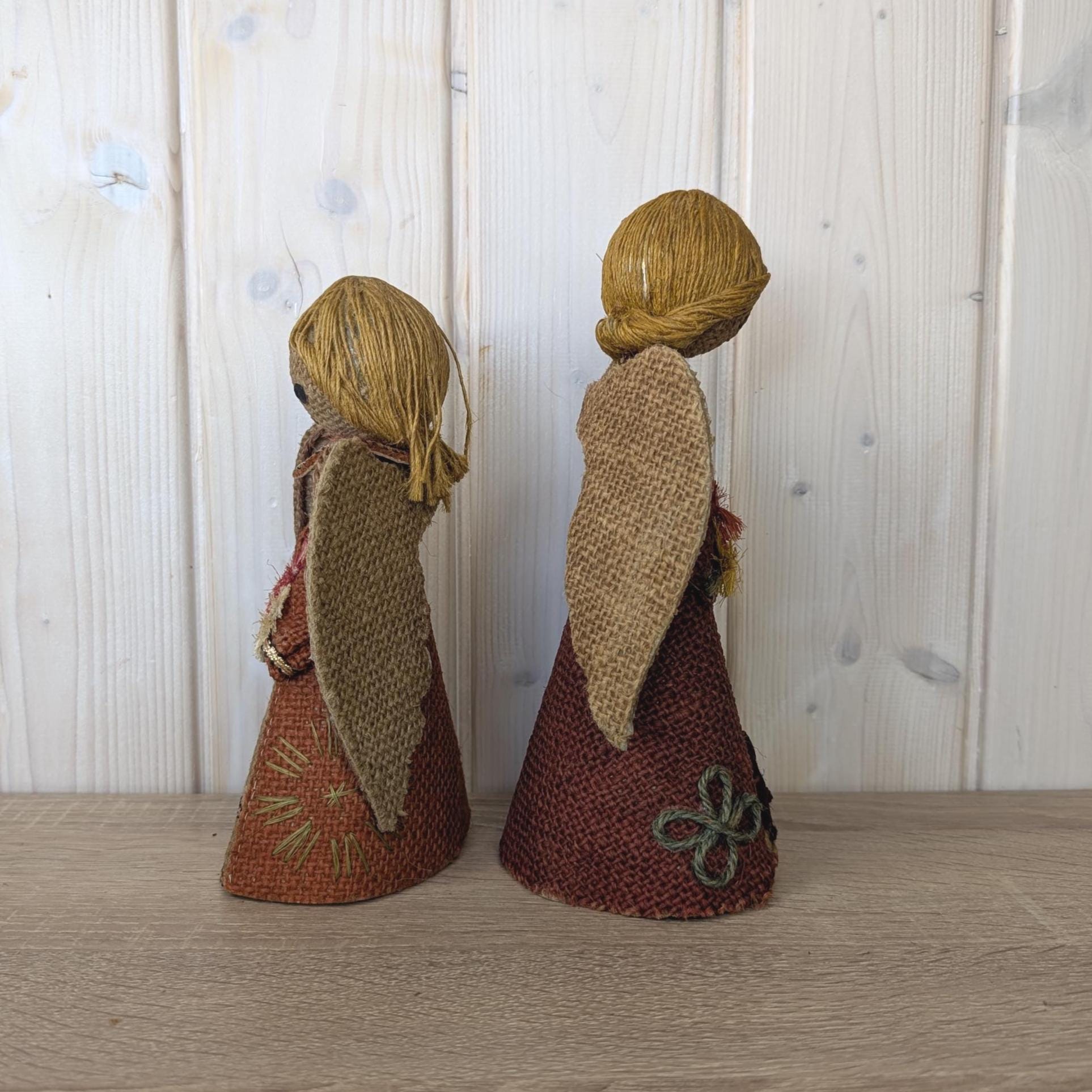 Vintage jute Christmas angels, handmade holiday tree toppers, natural fiber decor, 1970s