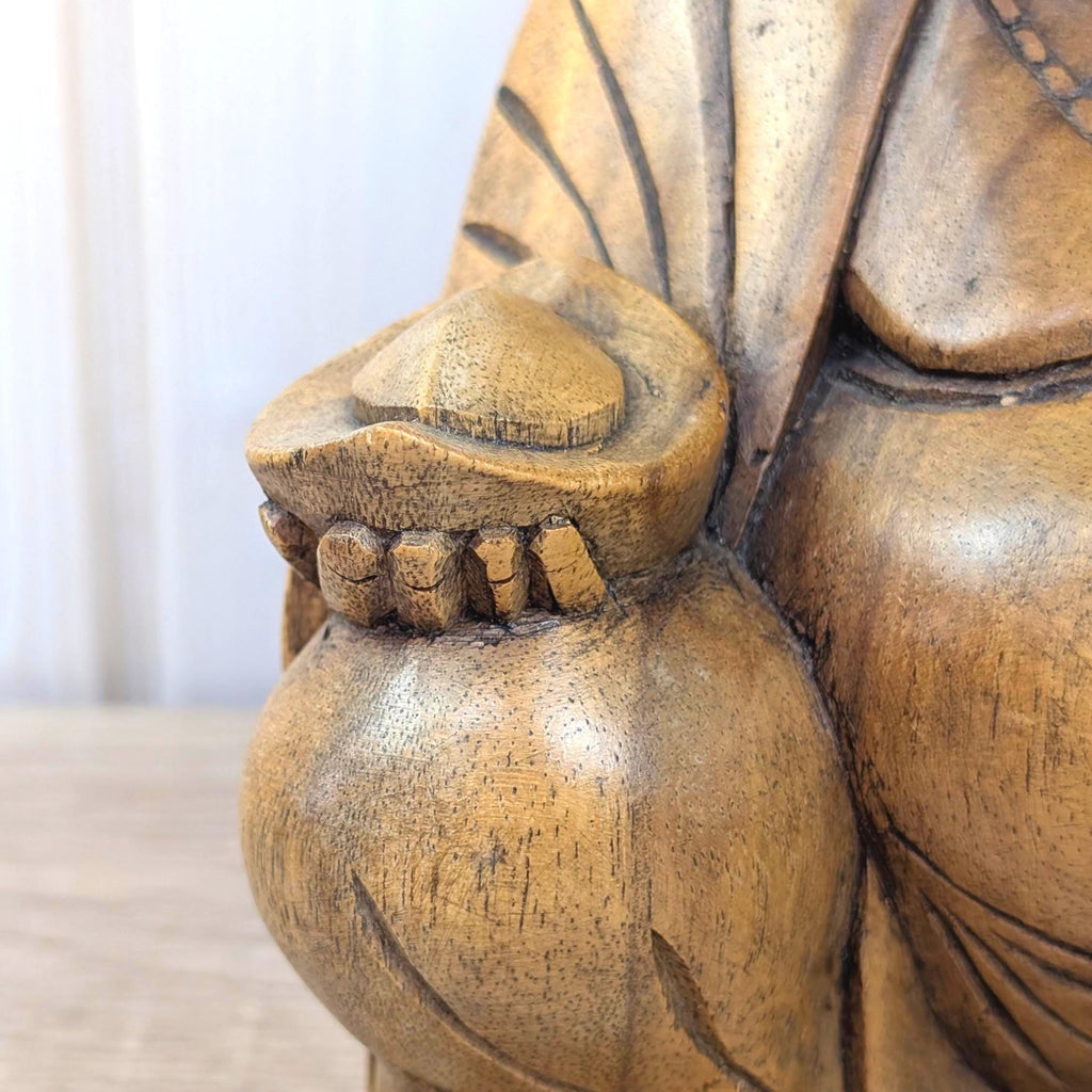Laughing Buddha Statue Hand Carved Wood, Sitting Budai Figurine, Happiness Wealth Sculpture, Vintage Asian Folk Art, 1980s