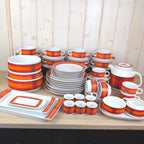 Arzberg Sizilia 3000 Cup and Saucer, Hans Theo Baumann, Orange Red, 1970s German Porcelain, Set of 5