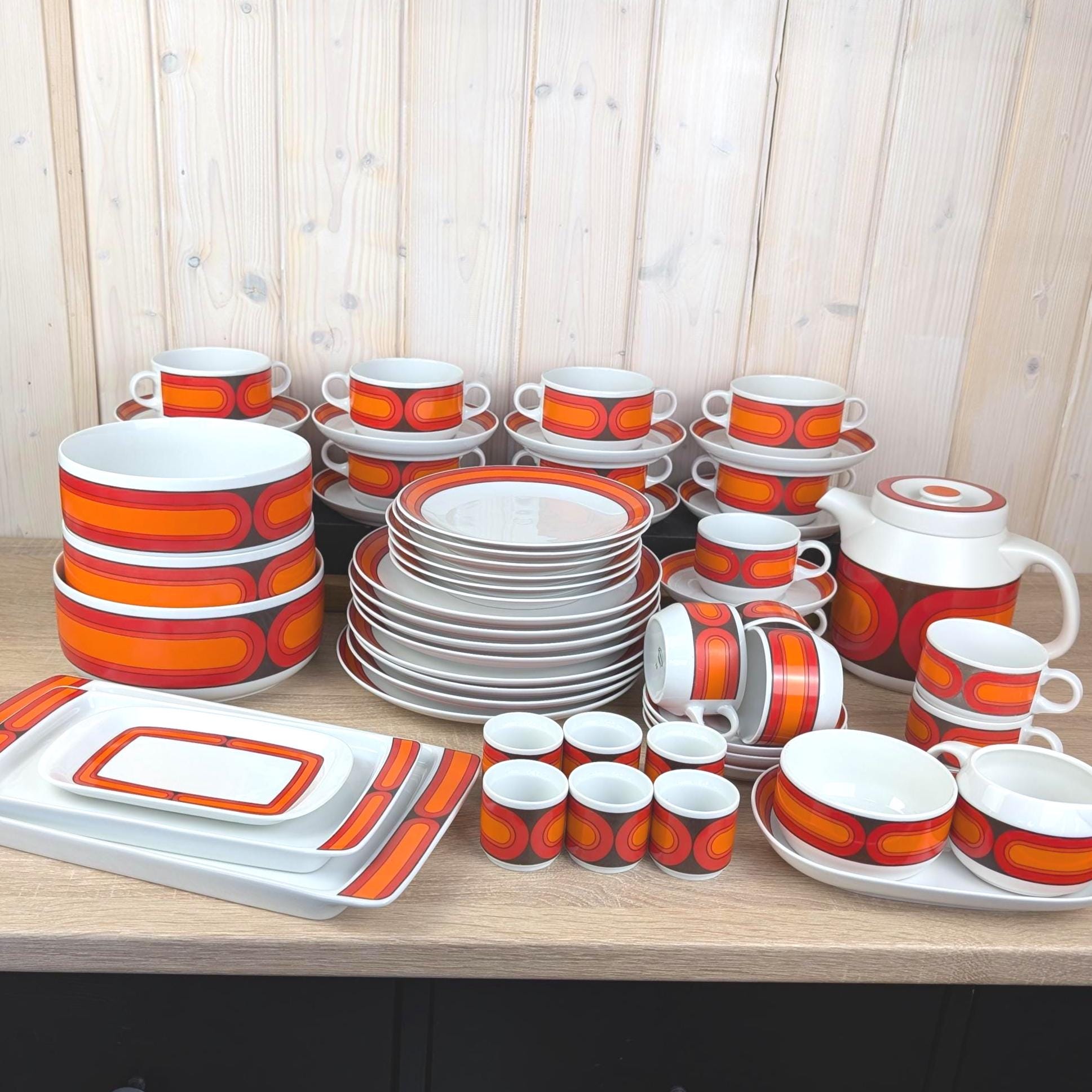 Arzberg Sizilia 3000 Cup and Saucer, Hans Theo Baumann, Orange Red, 1970s German Porcelain, Set of 5