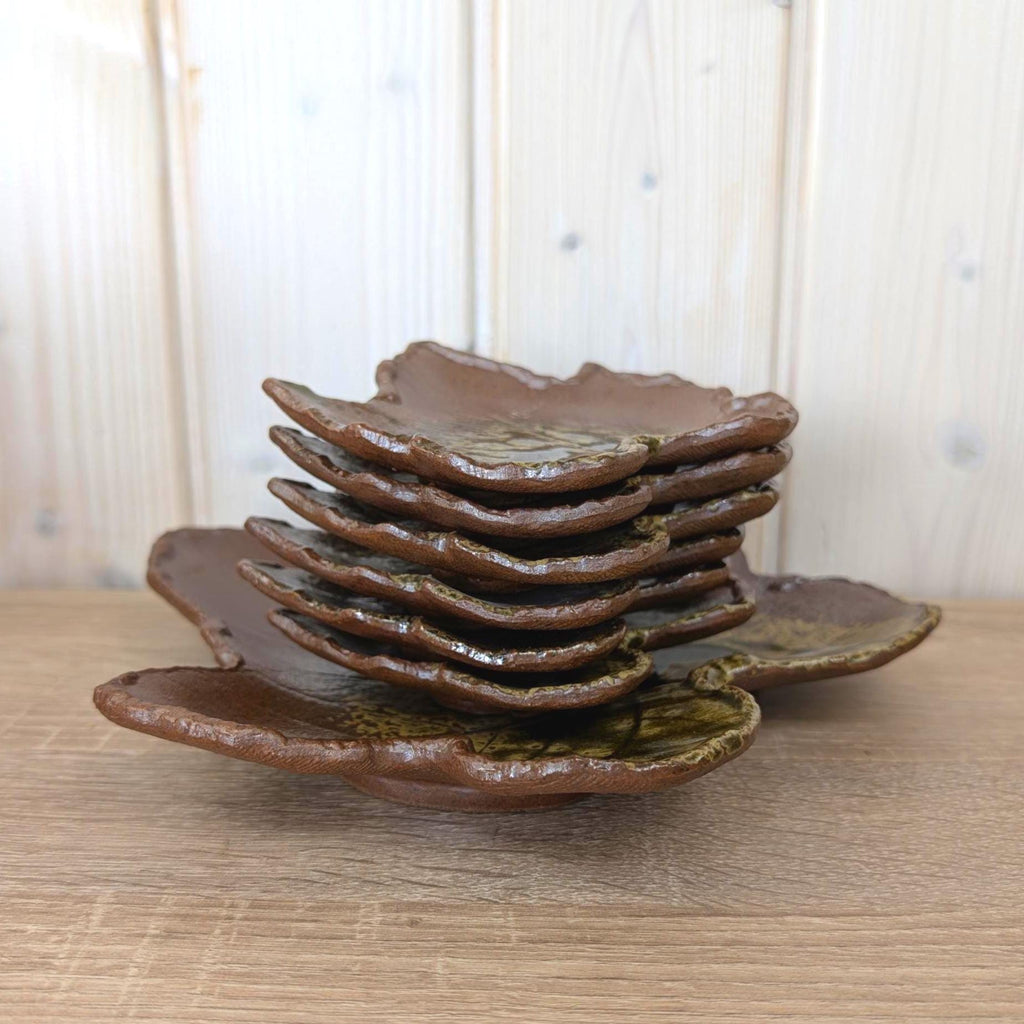 Vintage Ceramic Leaf Dish Set, Studio Pottery, 1970s Nature Inspired Serving Set