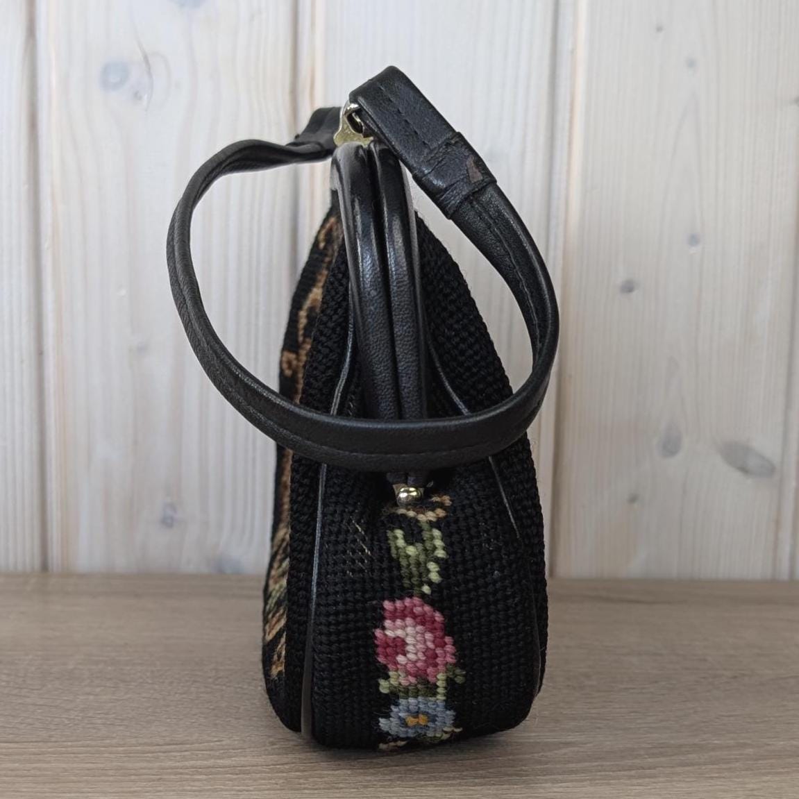 Vintage floral gobelin handbag, petit point tapestry purse, European evening bag, 1950s