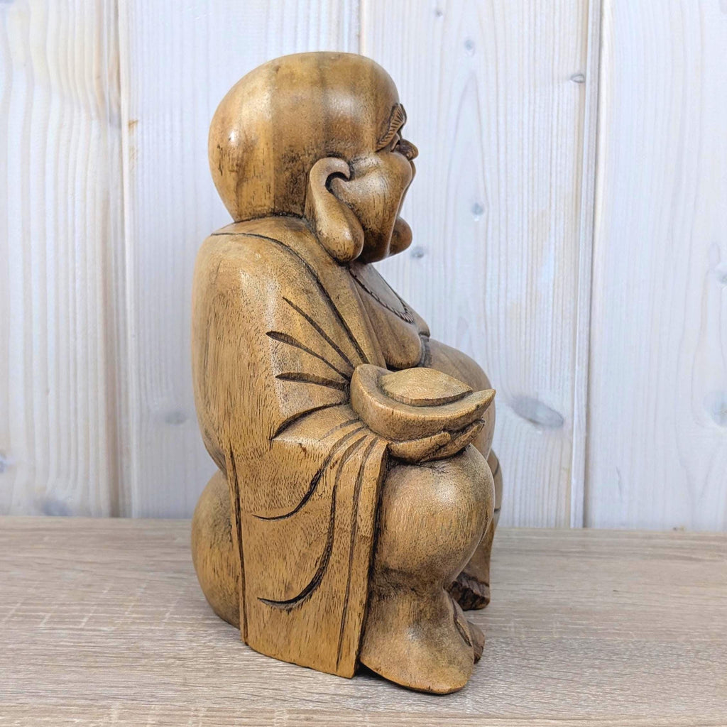 Laughing Buddha Statue Hand Carved Wood, Sitting Budai Figurine, Happiness Wealth Sculpture, Vintage Asian Folk Art, 1980s