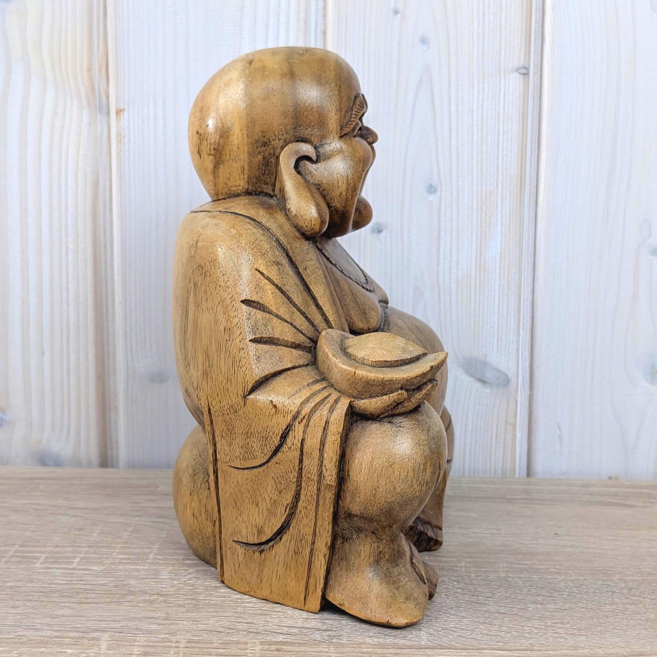 Laughing Buddha Statue Hand Carved Wood, Sitting Budai Figurine, Happiness Wealth Sculpture, Vintage Asian Folk Art, 1980s