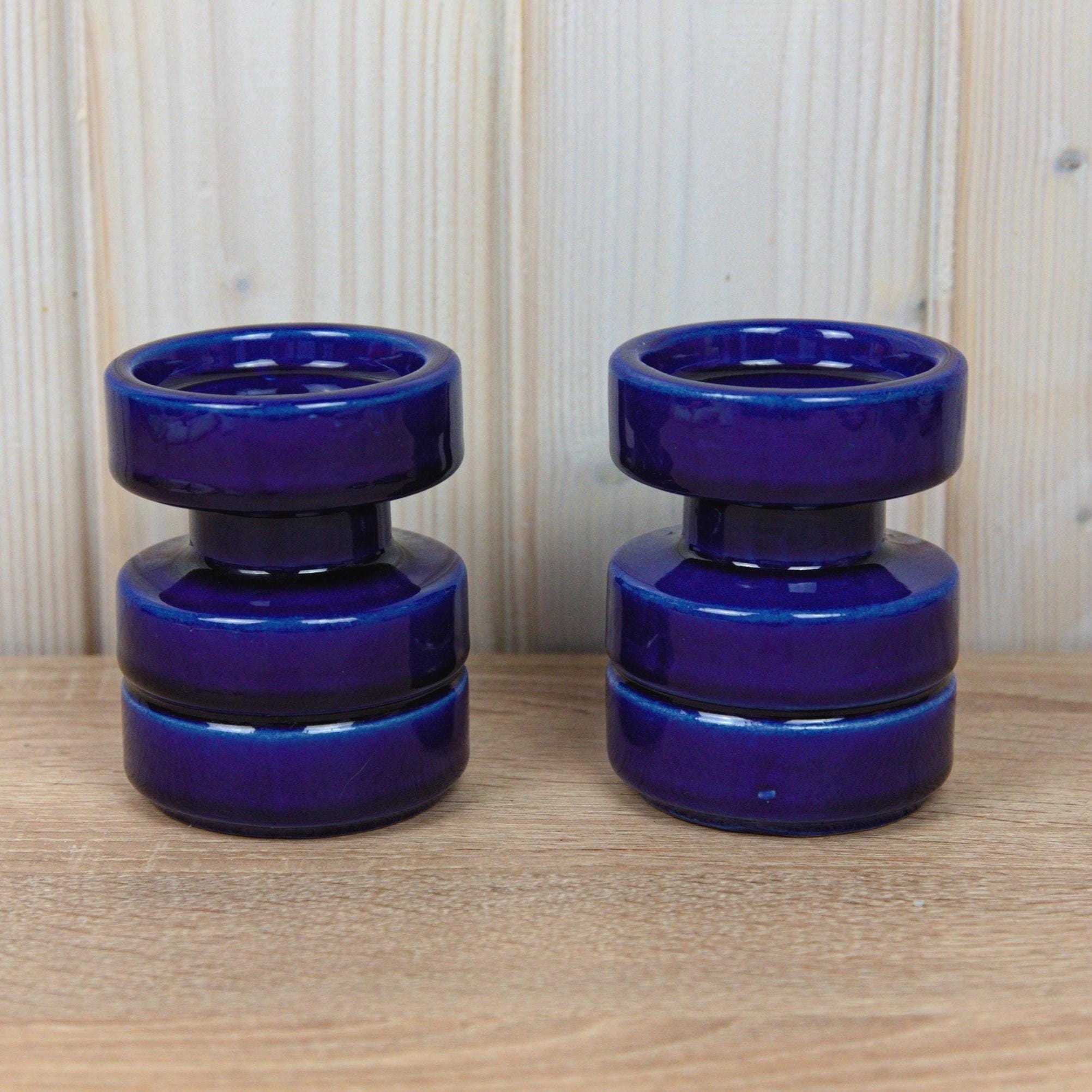 Cari Zalloni for Steuler, Set Cobalt Blue Candle Holders, Ceramic Pair, Germany, Vintage 1970s
