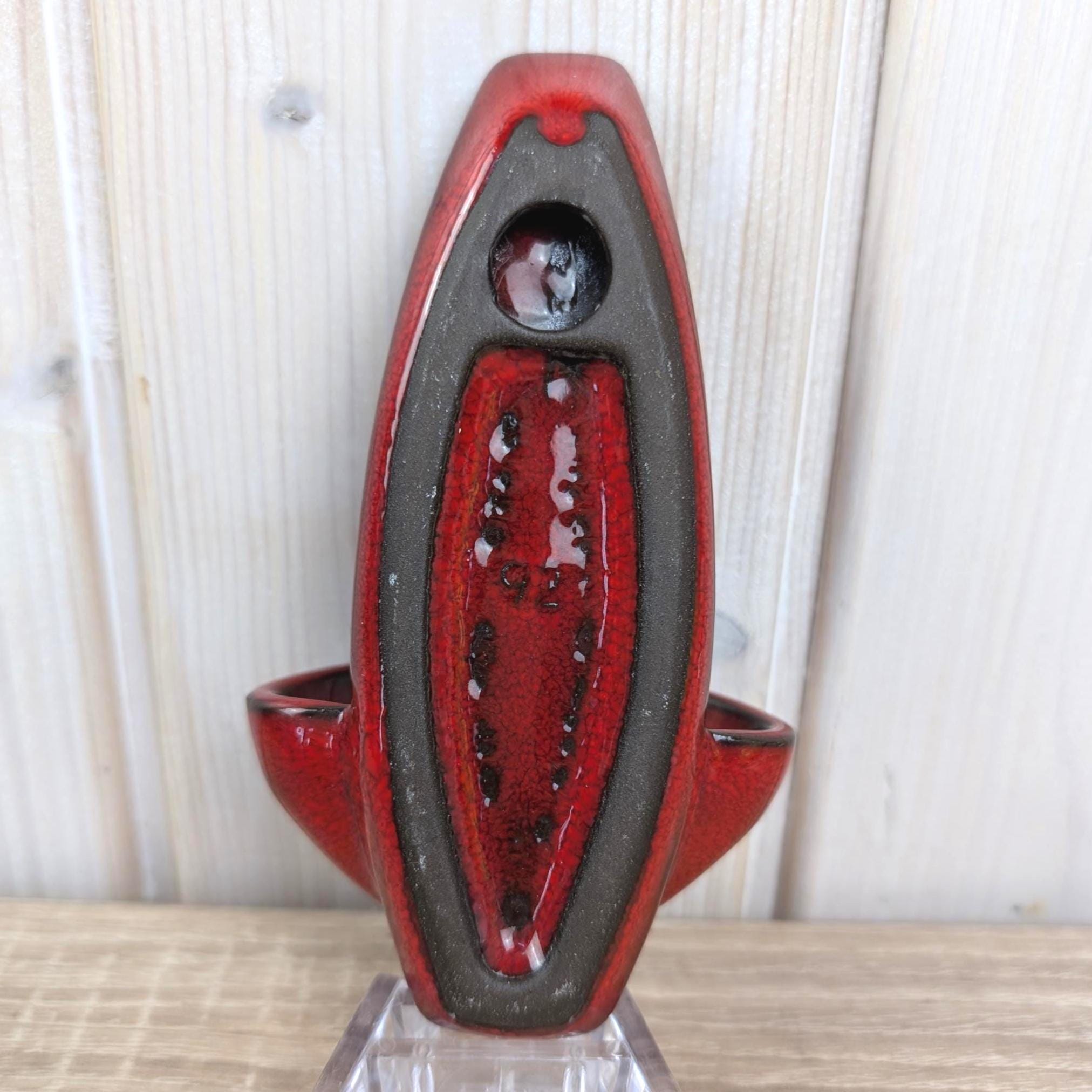 Majolika Karlsruhe Holy Water Font, Model 92, Red Black Ceramic, Chi Rho Wall Font, Midcentury Religious Decor, 1960s Vintage