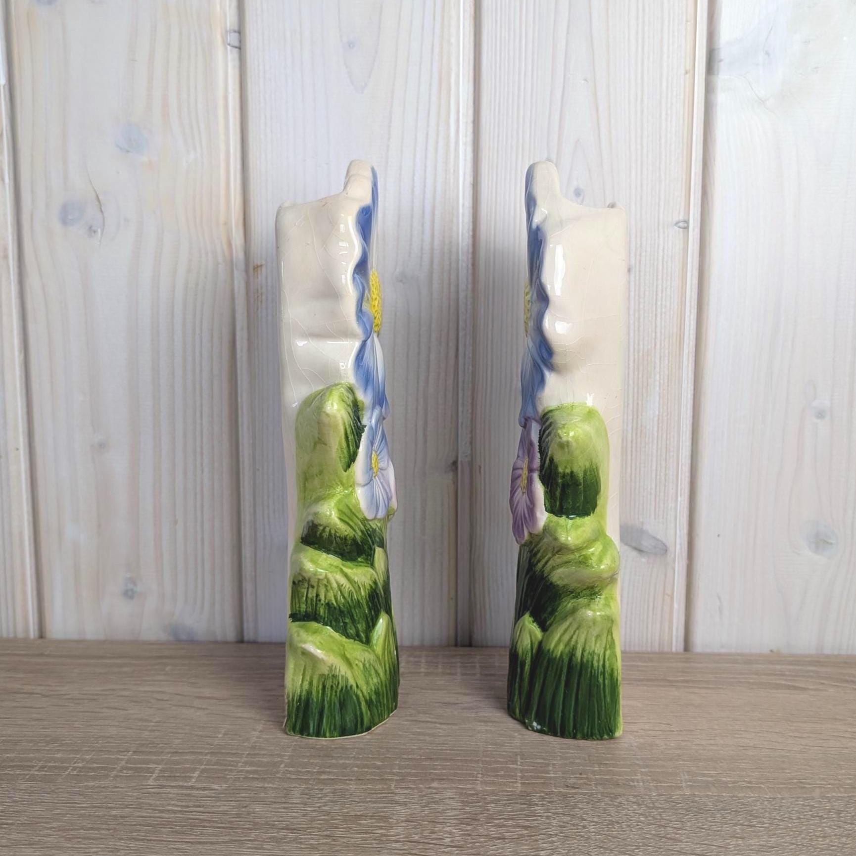 Vintage Ceramic Flower Wall Pocket Pair, Radiator Humidifier, Blue Daisy Relief, Earthenware, 1980s Home Decor
