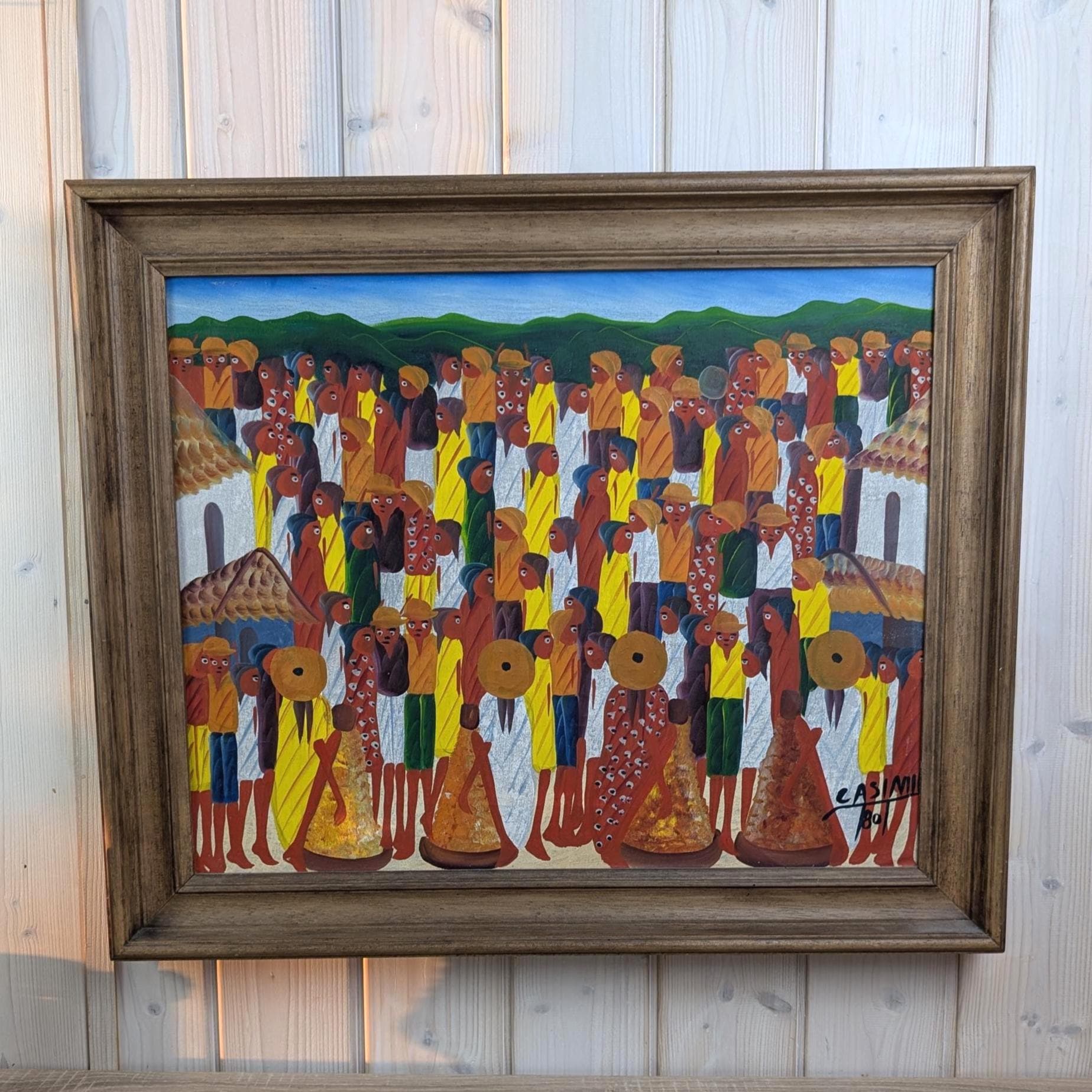 Haitian Naive Painting Village Scene, Signed Casimir, Oil on Canvas, 1980