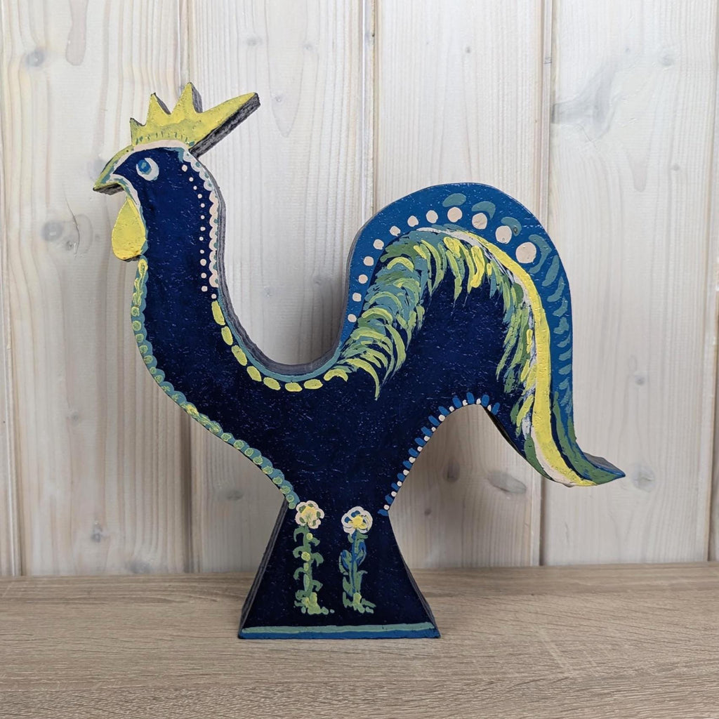 Large Hand Painted Wooden Rooster Sculptures, Folk Art Decor, Scandinavian Style, Late 20th Century