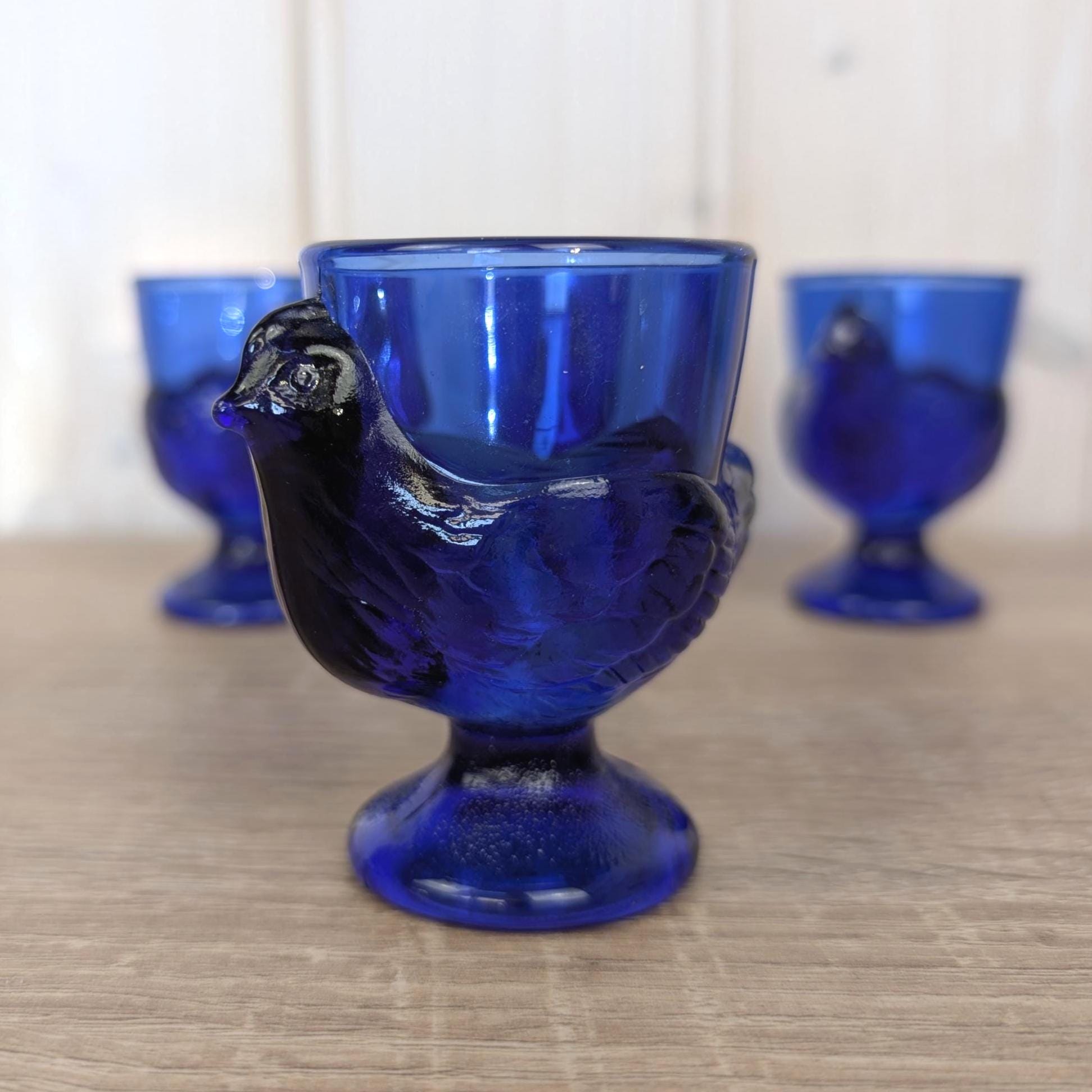Cobalt Blue Bird Egg Cups, Glass Arcoroc France, Vintage Tableware, 1970s