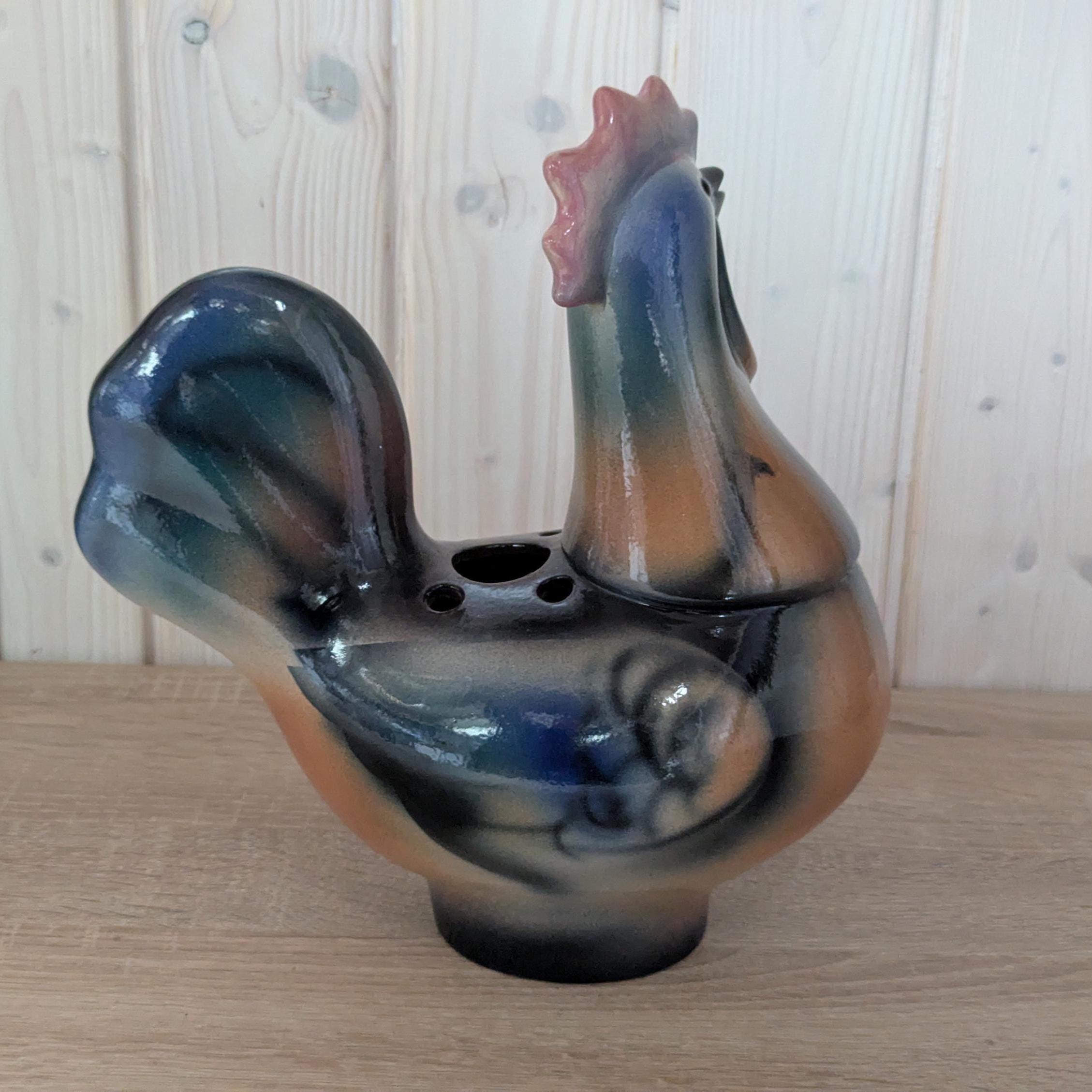 DENK ceramic rooster vase, multitone glaze decor piece, European origin, vintage