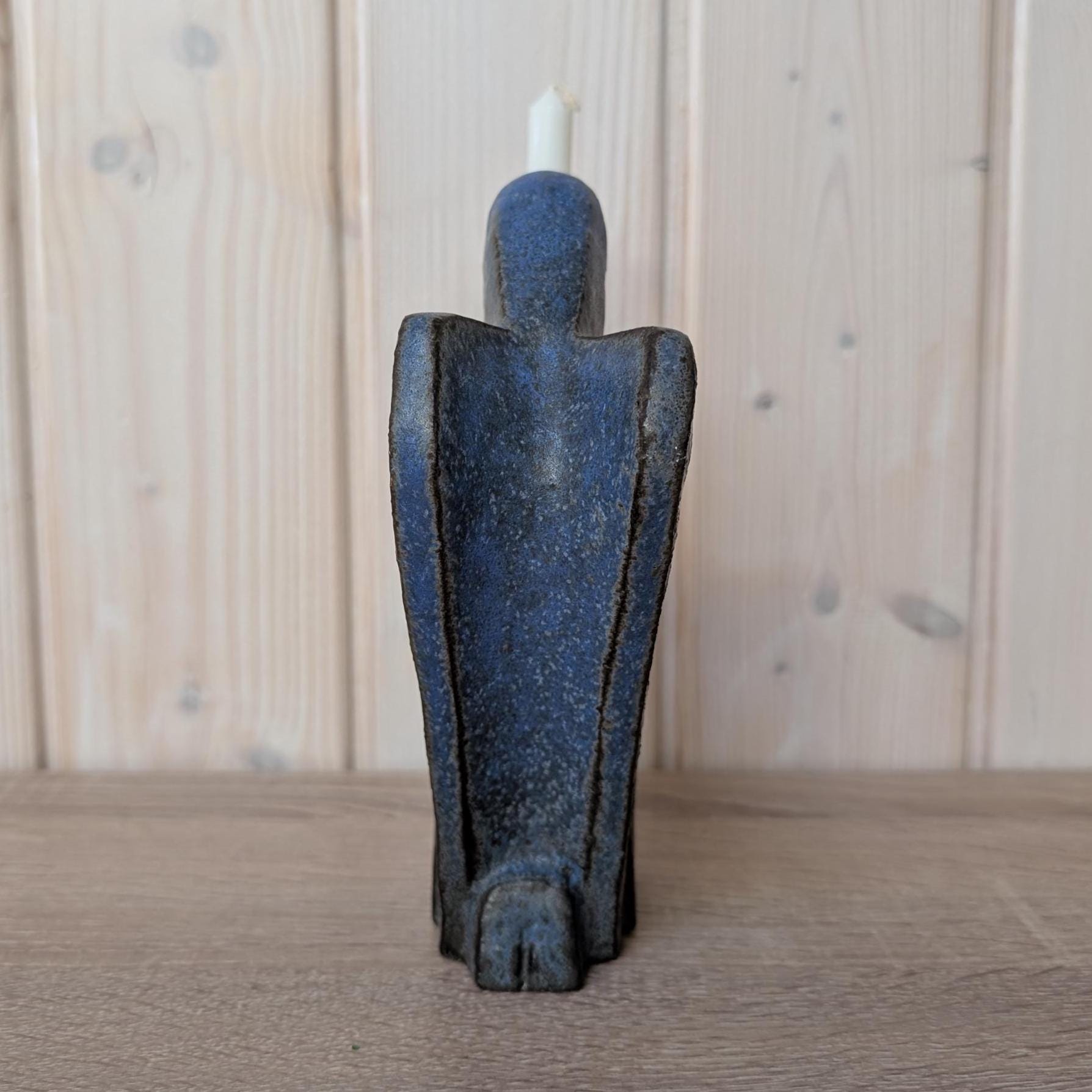 Vintage Stoneware Angel Candle Holder, Blue Glaze, Scandinavian Decor