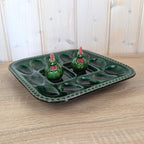 Vintage Green Ceramic Egg Tray with Rooster Salt & Pepper Shakers, Majolica Style,  1950s–1960s