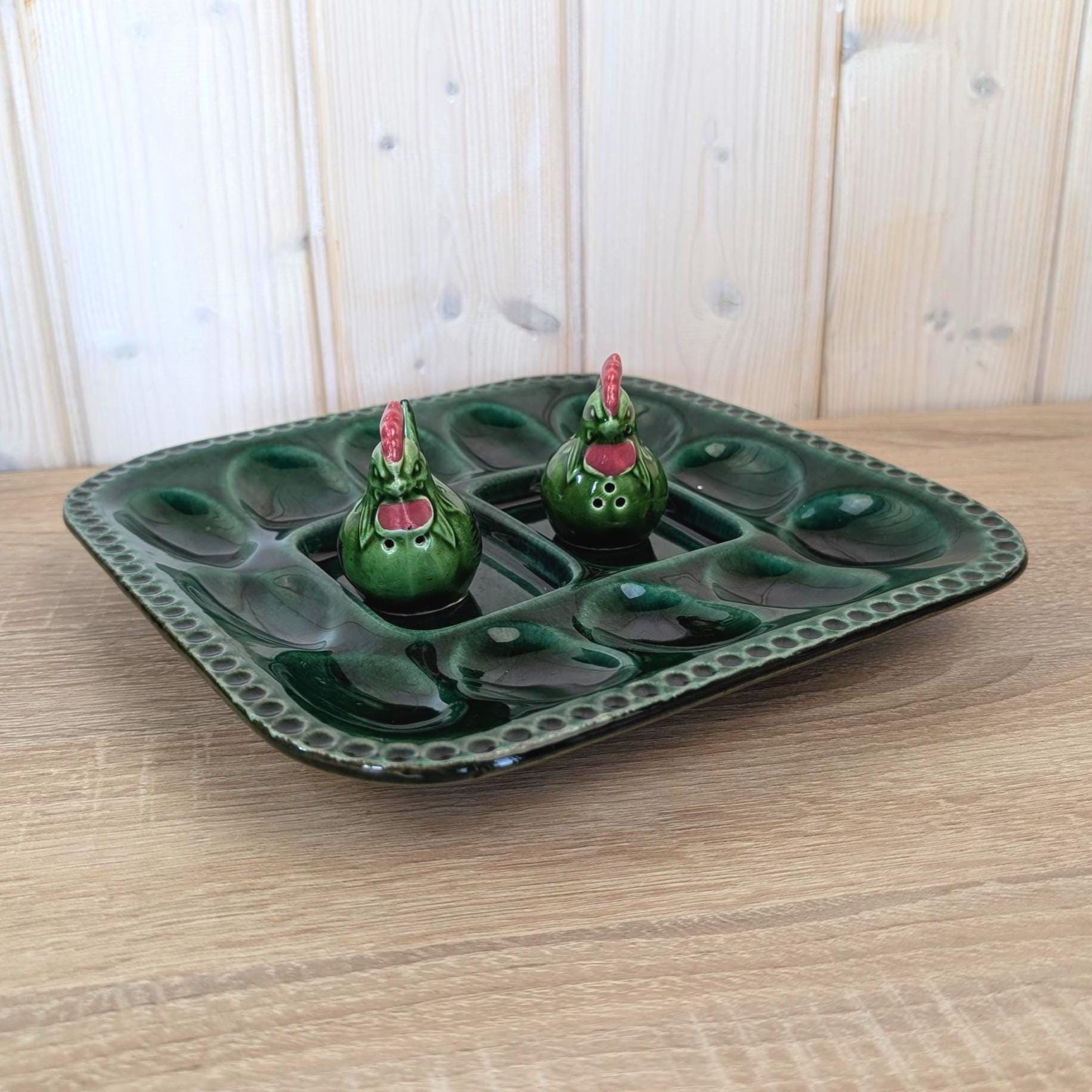 Vintage Green Ceramic Egg Tray with Rooster Salt & Pepper Shakers, Majolica Style,  1950s–1960s