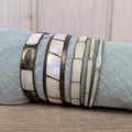 Vintage Mother of Pearl Bangle Set, Shell Inlay Brass Bracelets, 1960s 1970s Boho Jewelry