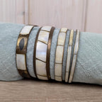 Vintage Mother of Pearl Bangle Set, Shell Inlay Brass Bracelets, 1960s 1970s Boho Jewelry