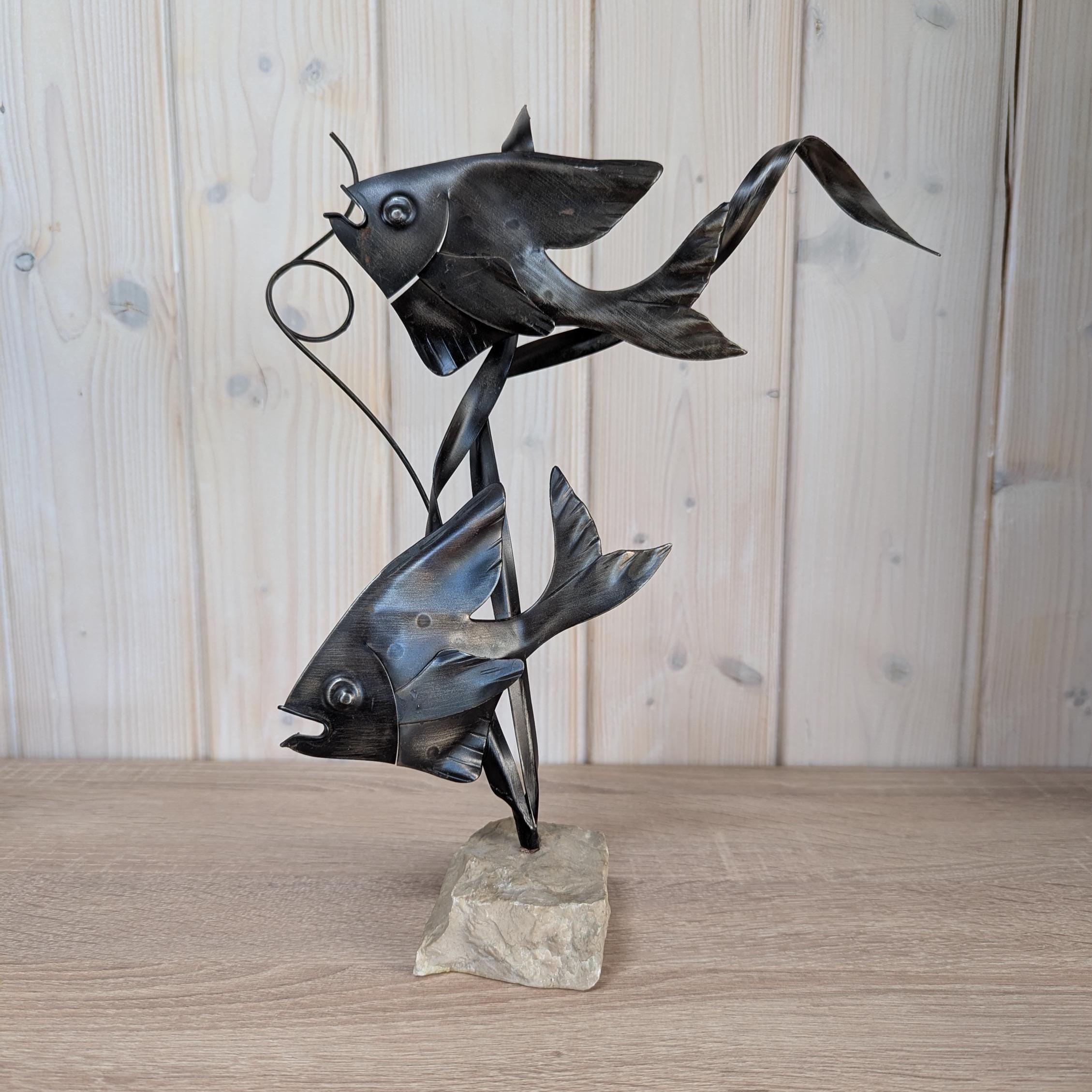 Sculpture 2 (Moon) Fishes on Stone - Vintage - Metal
