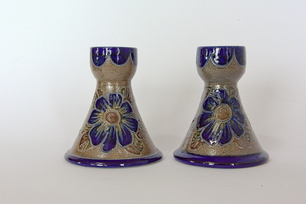 German Salz-Glazed Pottery Candle Holders: Floral Design, Set of 2