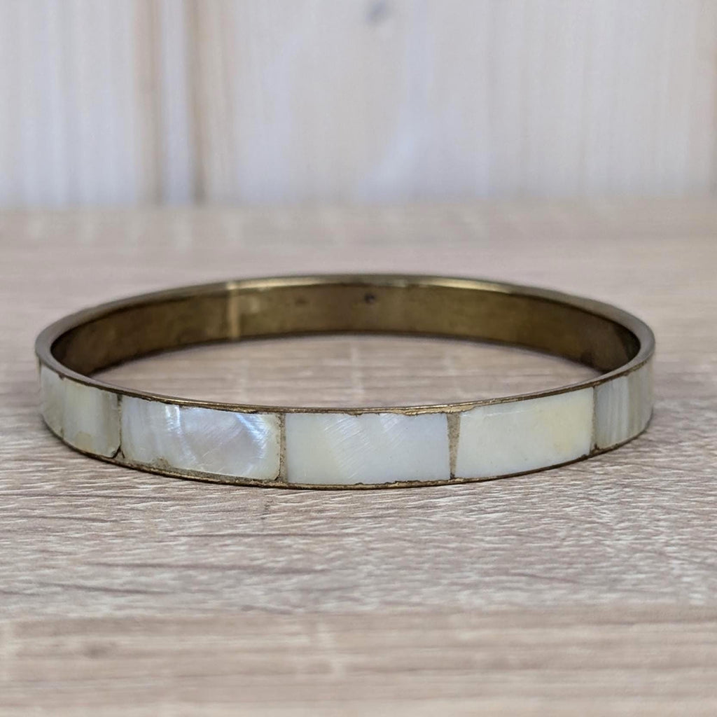 Vintage Mother of Pearl Bangle Set, Shell Inlay Brass Bracelets, 1960s 1970s Boho Jewelry