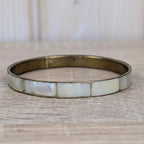 Vintage Mother of Pearl Bangle Set, Shell Inlay Brass Bracelets, 1960s 1970s Boho Jewelry