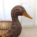Vintage Wicker Duck Basket, Rattan Animal Figure Bowl, Folk Art Bread Fruit Tray, 1970s