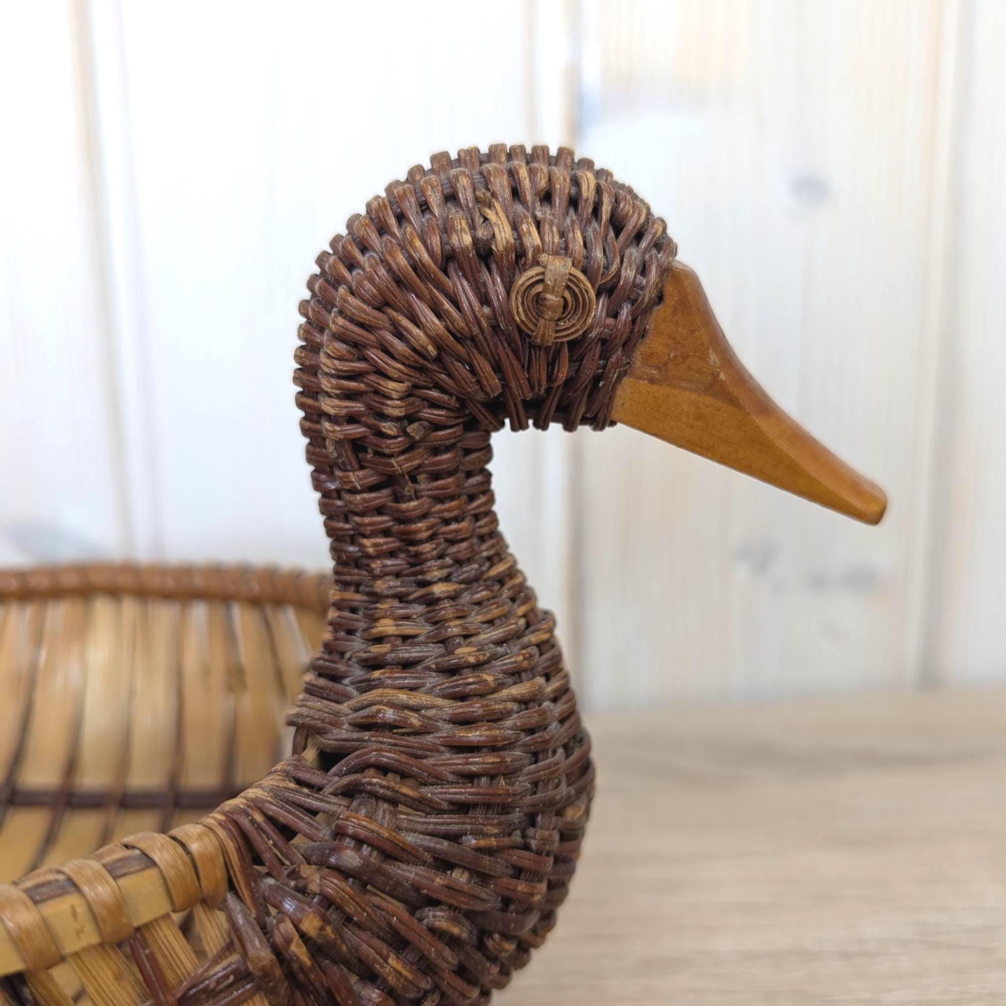 Vintage Wicker Duck Basket, Rattan Animal Figure Bowl, Folk Art Bread Fruit Tray, 1970s