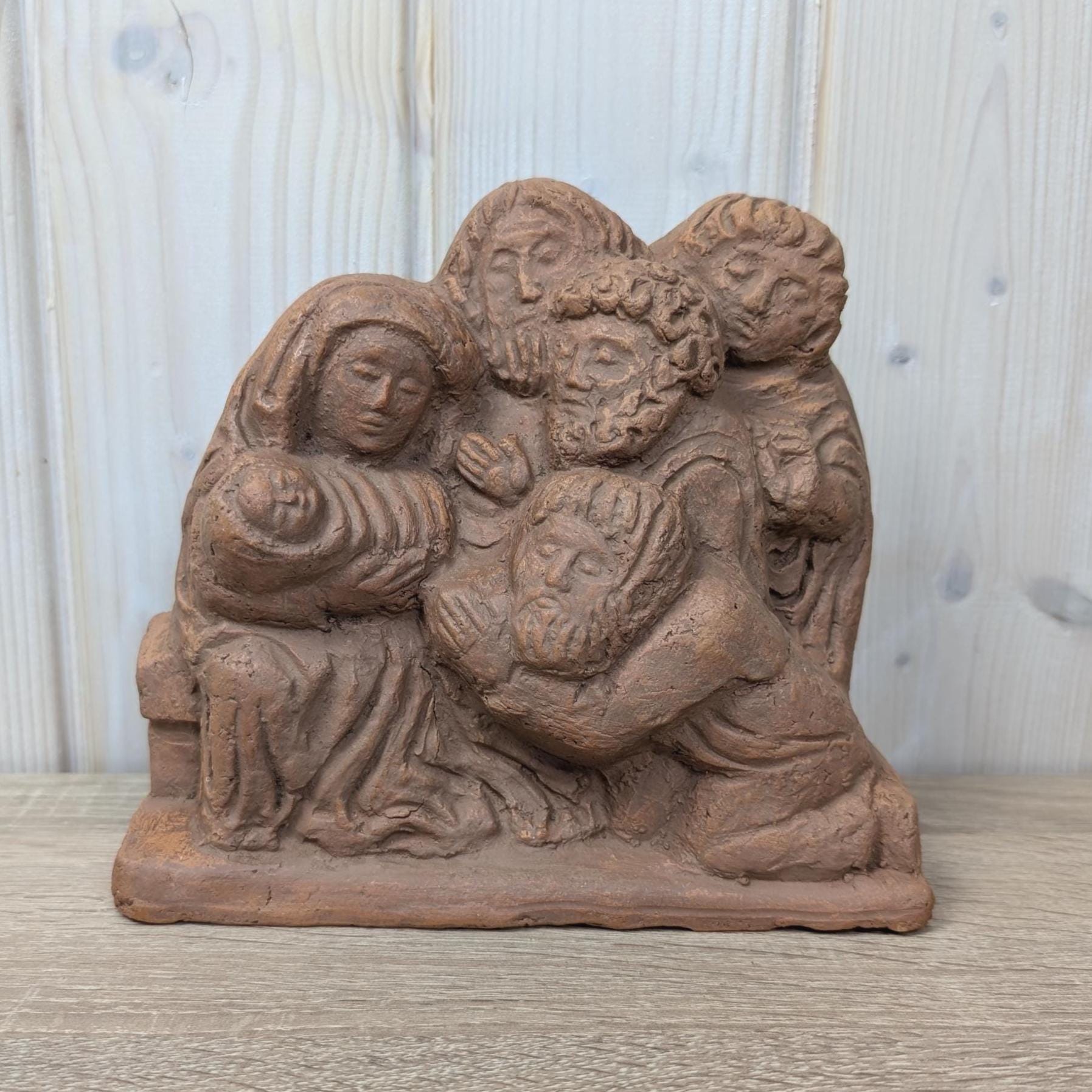 Terracotta nativity sculpture, handmade European studio piece, 1975 dated