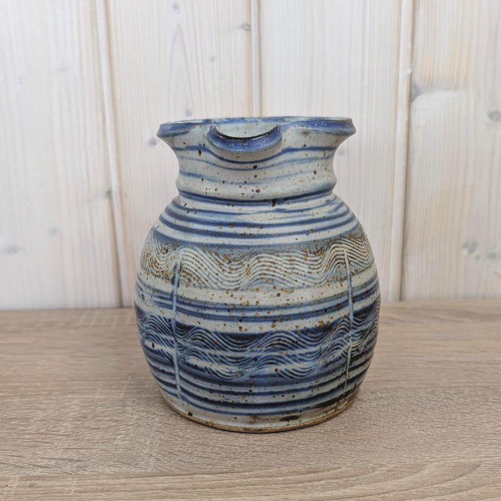German Handarbeit Studio Pottery Jug, Blue Grey Combed Wave Decoration, Signed Stoneware Pitcher, 1970s
