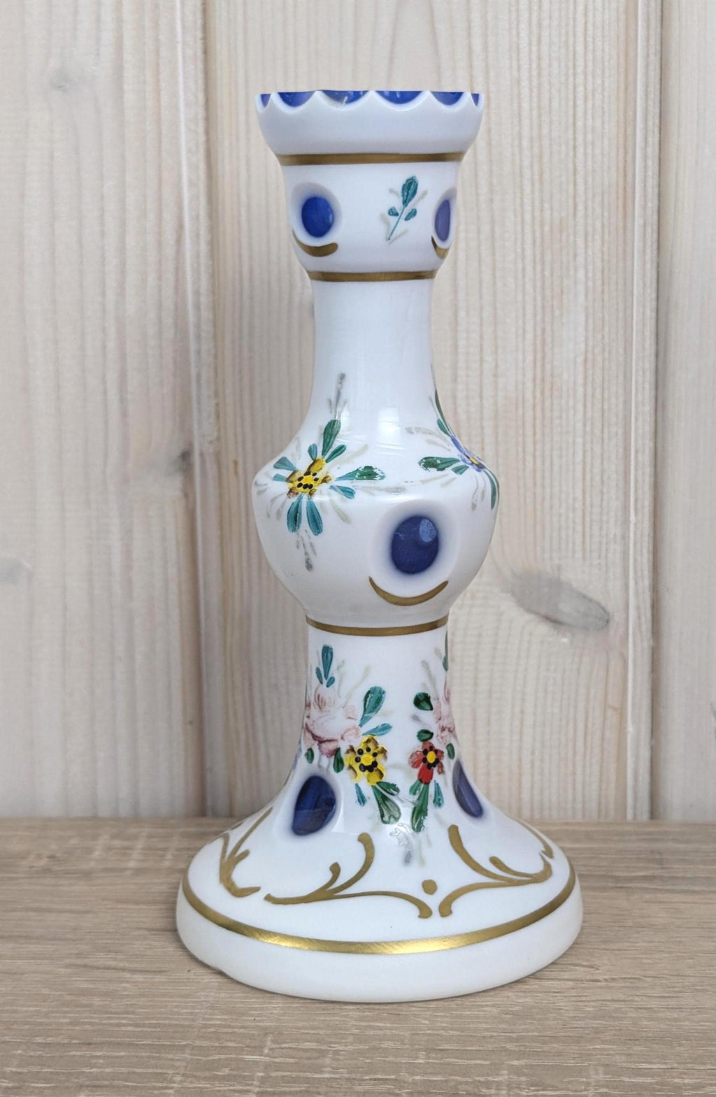 Handpainted Bohemian Candleholder, White Glass with Blue Cut Accents, Central Europe, Vintage