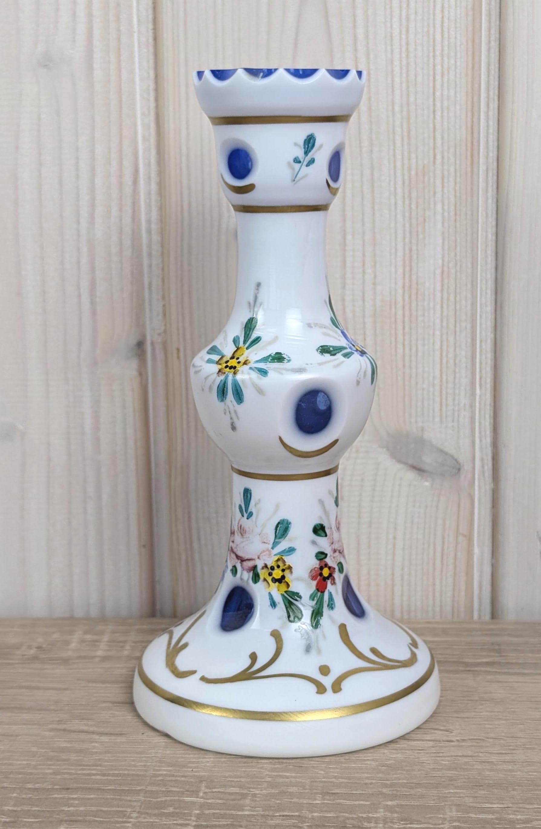 Handpainted Bohemian Candleholder, White Glass with Blue Cut Accents, Central Europe, Vintage