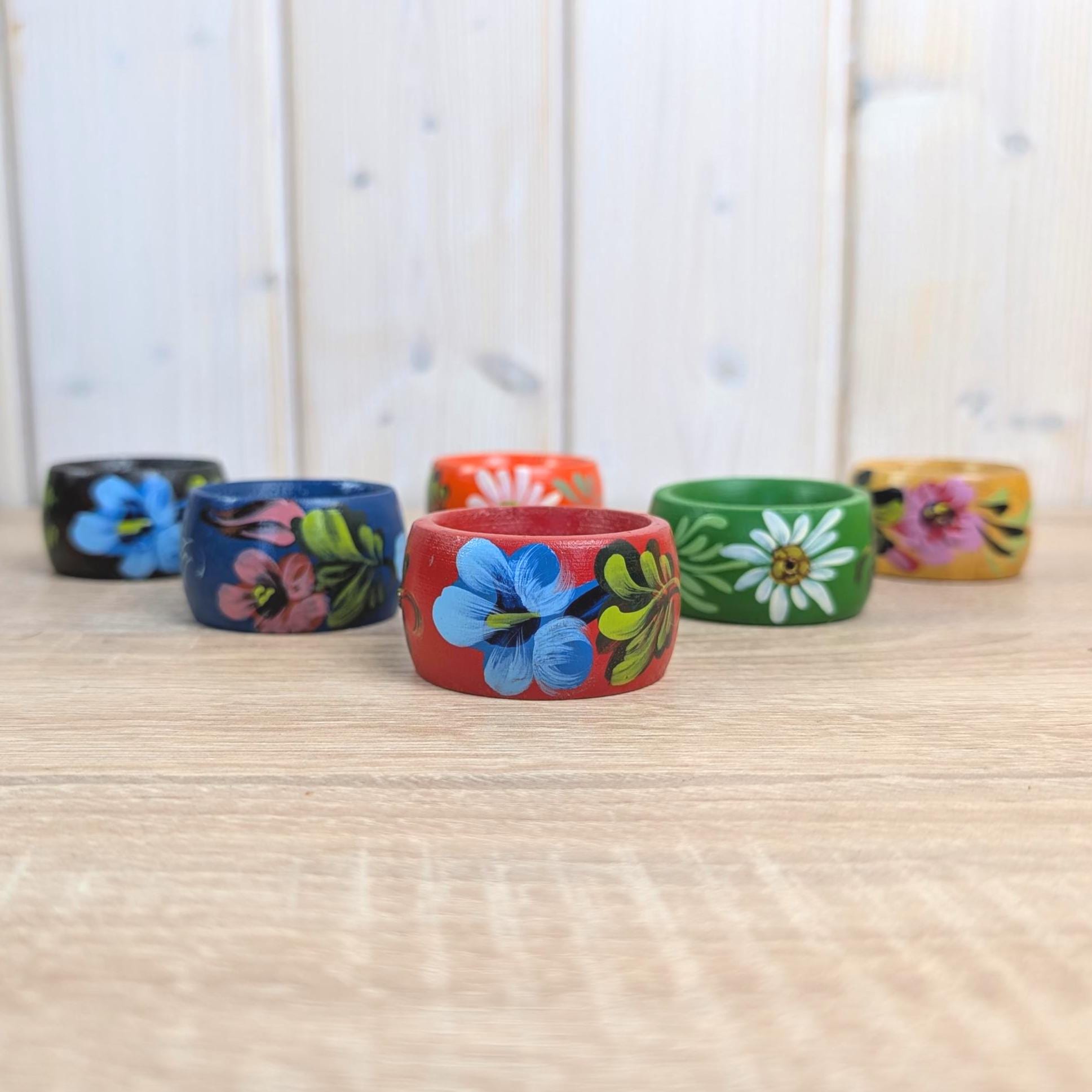 Set of 6 Hand Painted Wooden Napkin Rings, Folk Art Floral, Eastern European Vintage, 1970s