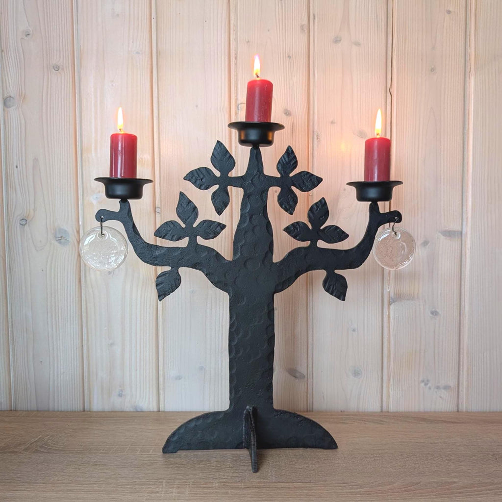 Boda Smide Bertil Vallien Swedish Wrought Iron Candelabra, Tree of Life, 3-Arm, Glass Ornaments, 1970s Scandinavian