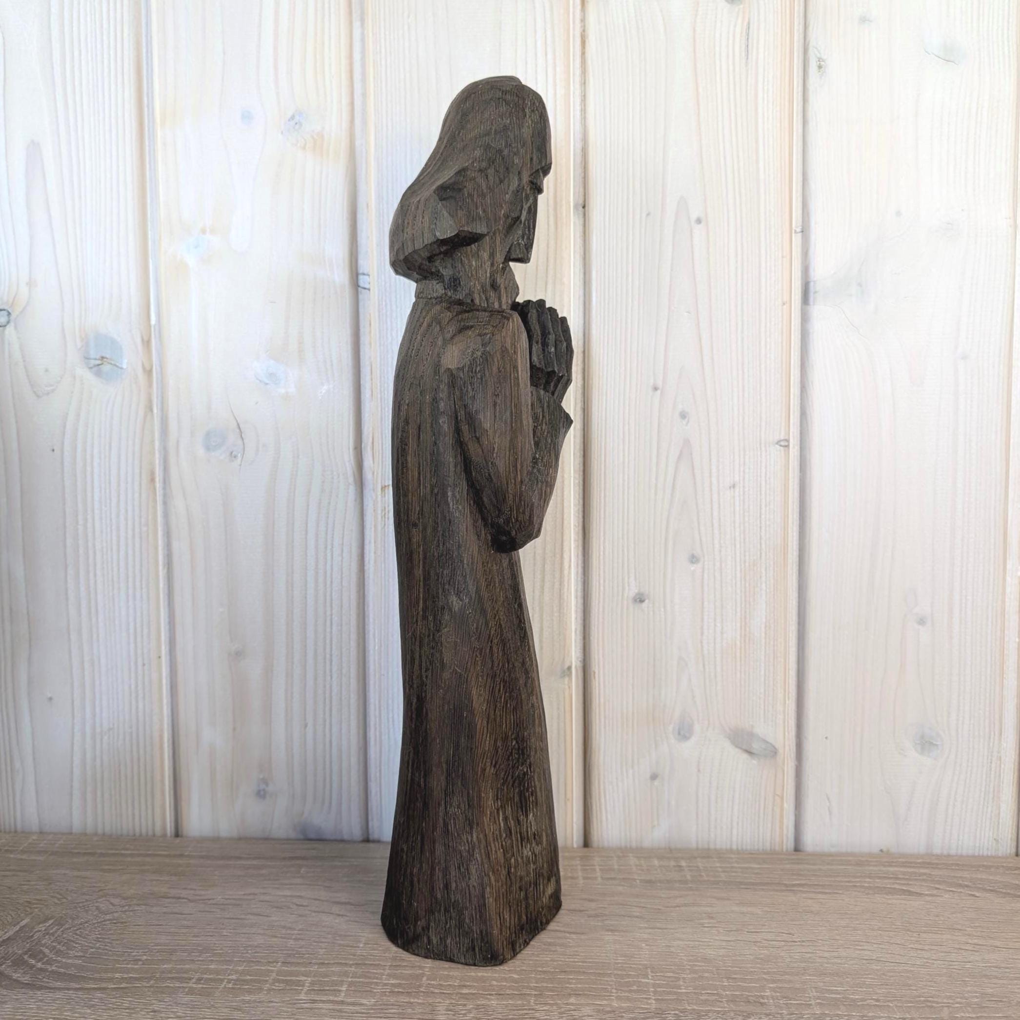 Signed Wood Carving Praying Figure, Nowakowsky, Dark Stained Folk Art Sculpture, Eastern European Religious Art, Handcarved Figurine, 1960s