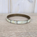 Vintage Mother of Pearl Bangle Set, Shell Inlay Brass Bracelets, 1960s 1970s Boho Jewelry