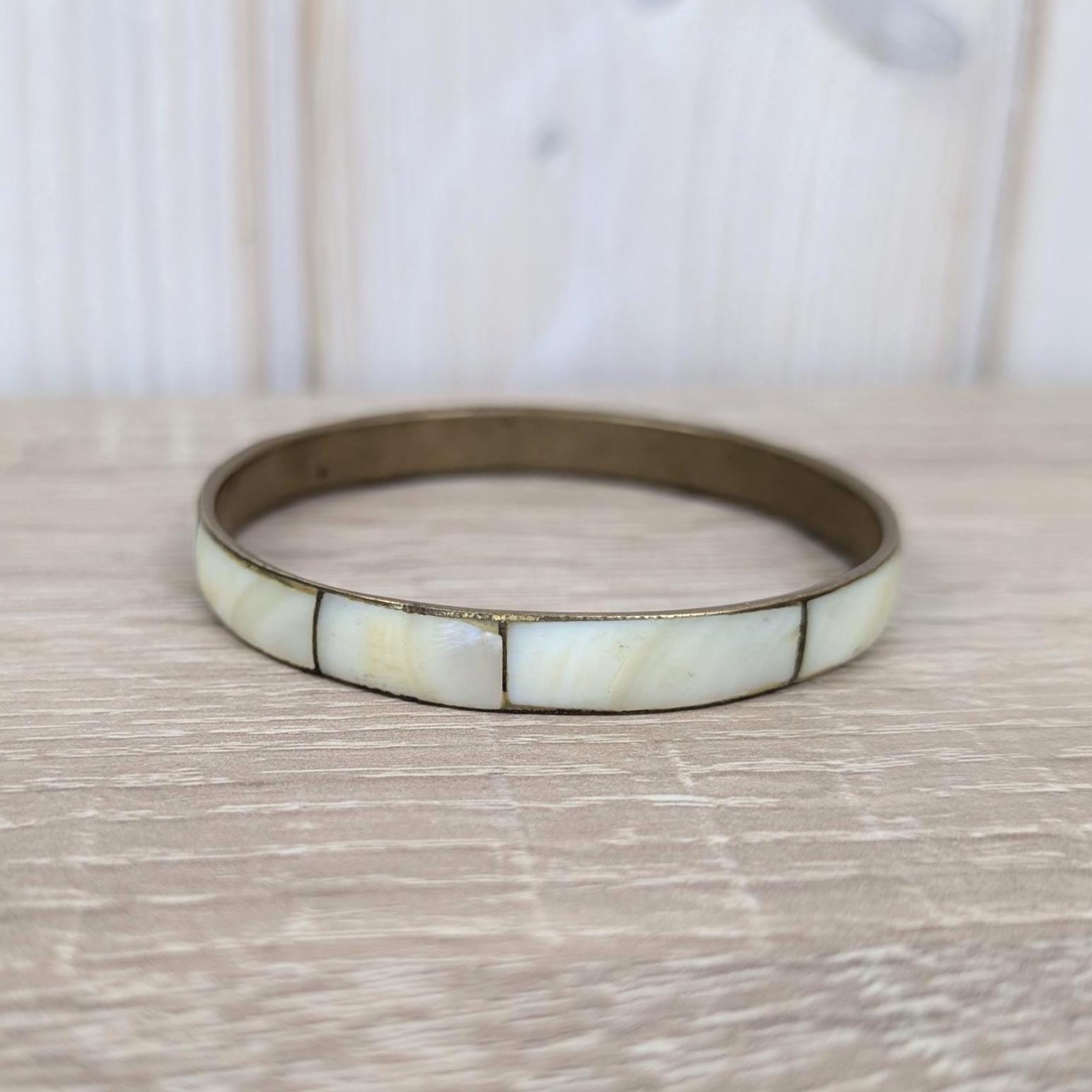 Vintage Mother of Pearl Bangle Set, Shell Inlay Brass Bracelets, 1960s 1970s Boho Jewelry