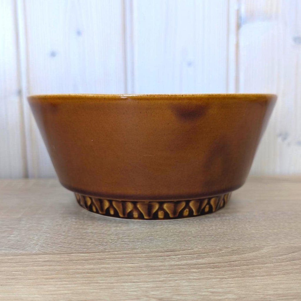 DDR GDR Heike Stoneware Nesting Bowl Set of 4, Amber Brown Glaze, Relief Base, East Germany, Torgau, 1970s