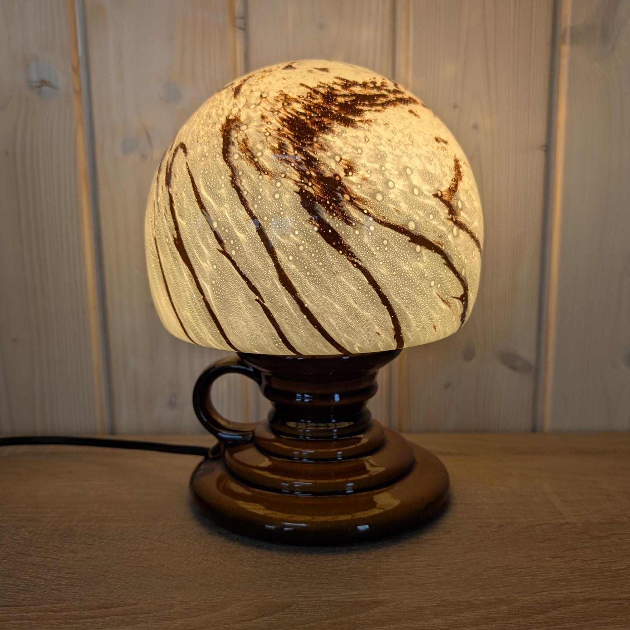 Pan Ceramic Table Lamp, German Mid Century Art Glass Shade, vintage