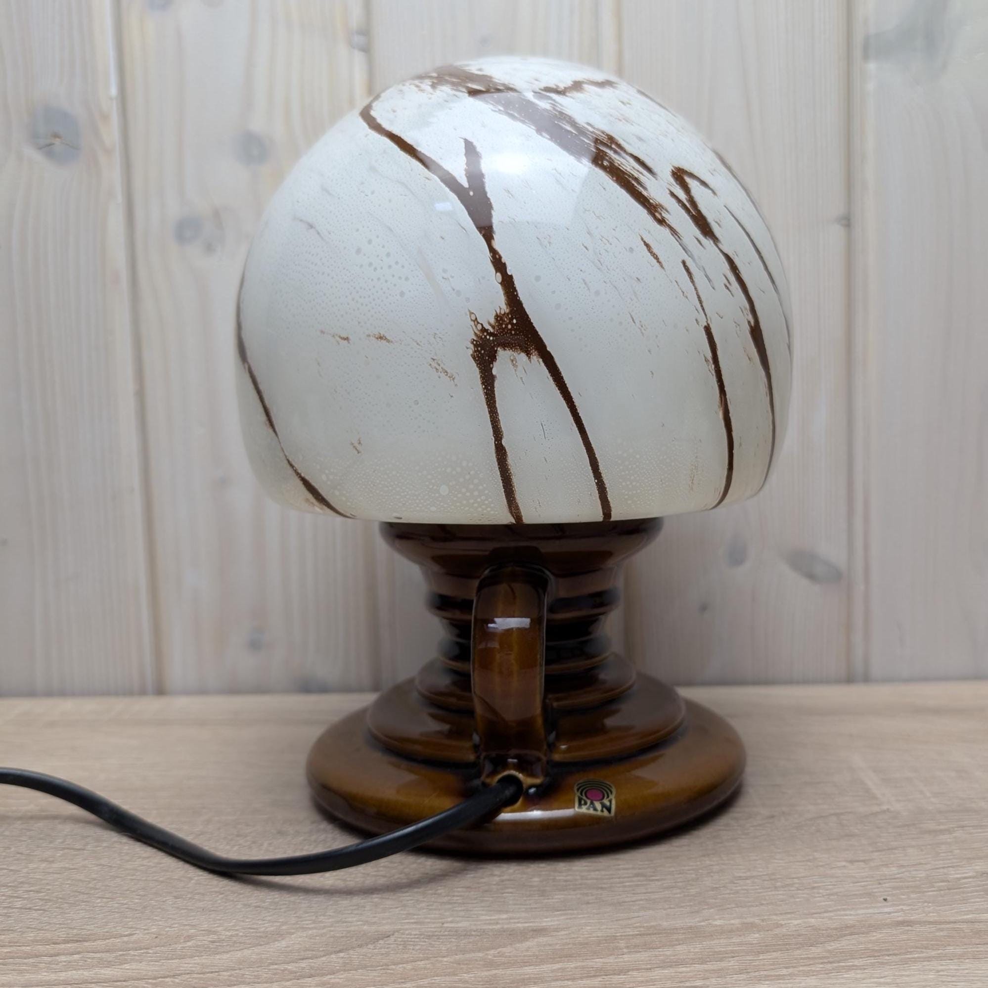 Pan Ceramic Table Lamp, German Mid Century Art Glass Shade, vintage