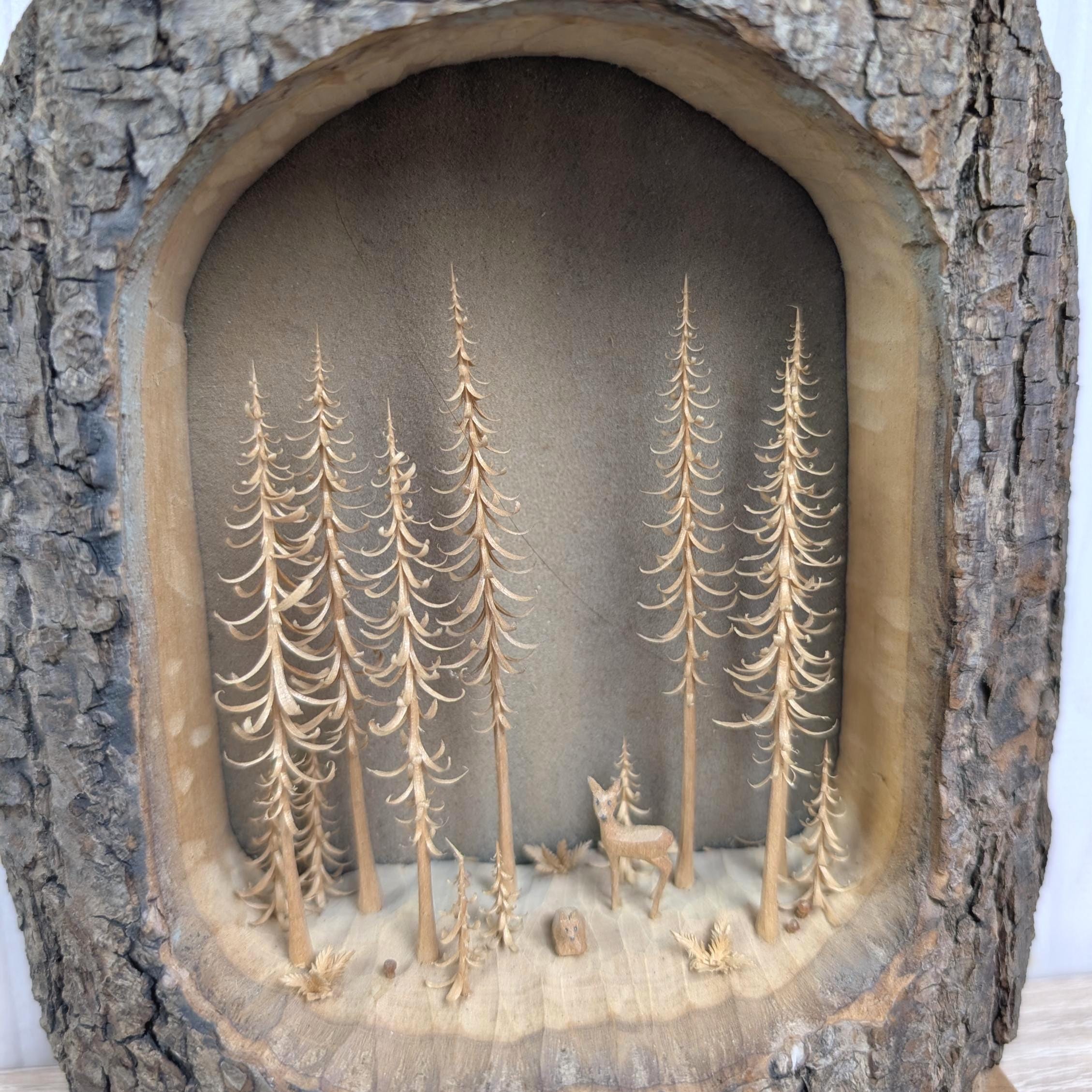 Hand Carved Forest Diorama, Black Forest Wood Scene, Mid Century