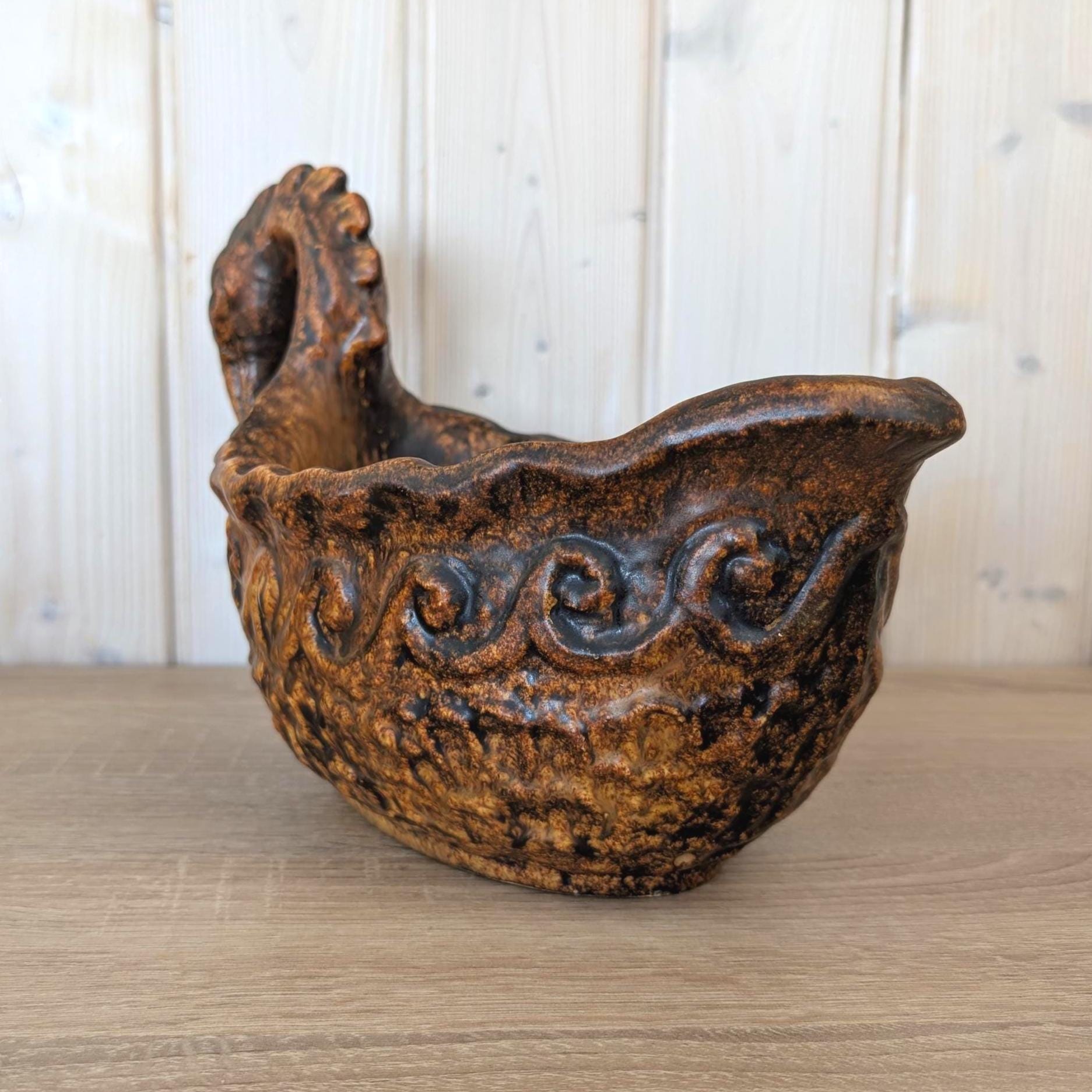 Jasba West Germany Bird Bowl Fat Lava, ølhøne Beer Hen, Brown Glaze, 1960s