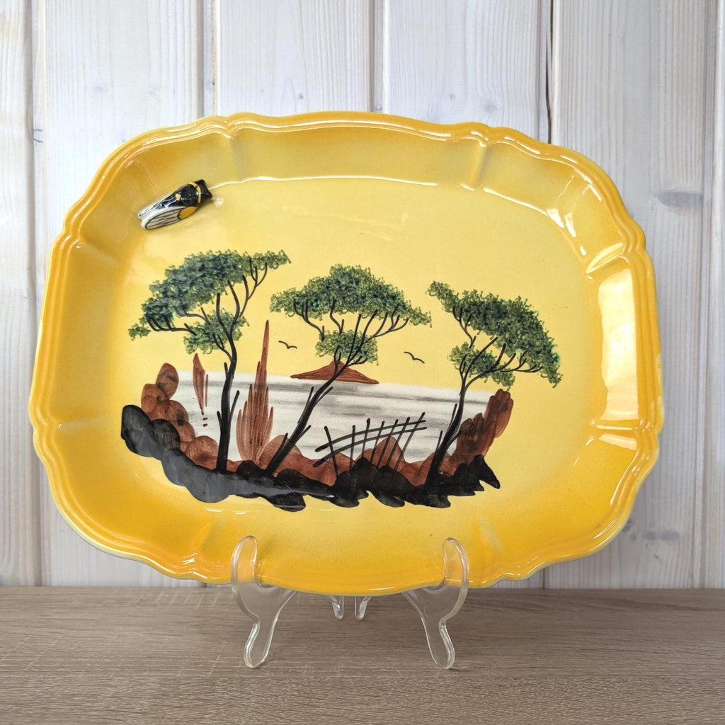 Vallauris A Ferlay Yellow Ceramic Platter with 3D Cicada, Provencal Landscape, French Pottery 1950s, Wall Decor or Serving Dish