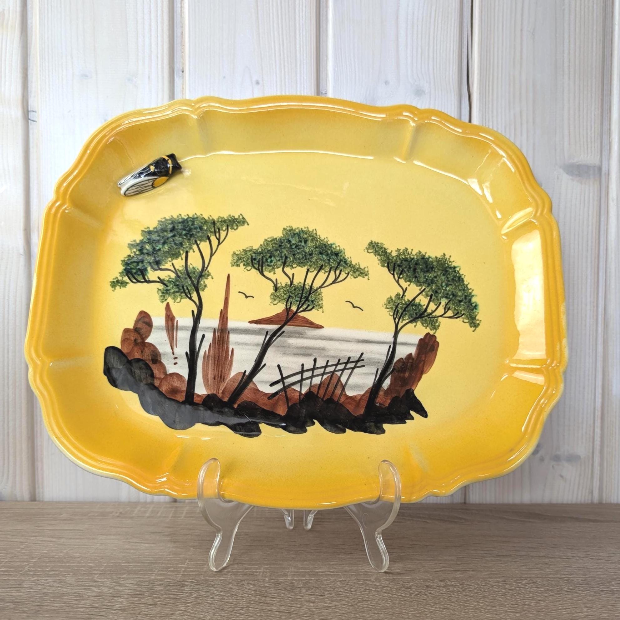 Vallauris A Ferlay Yellow Ceramic Platter with 3D Cicada, Provencal Landscape, French Pottery 1950s, Wall Decor or Serving Dish