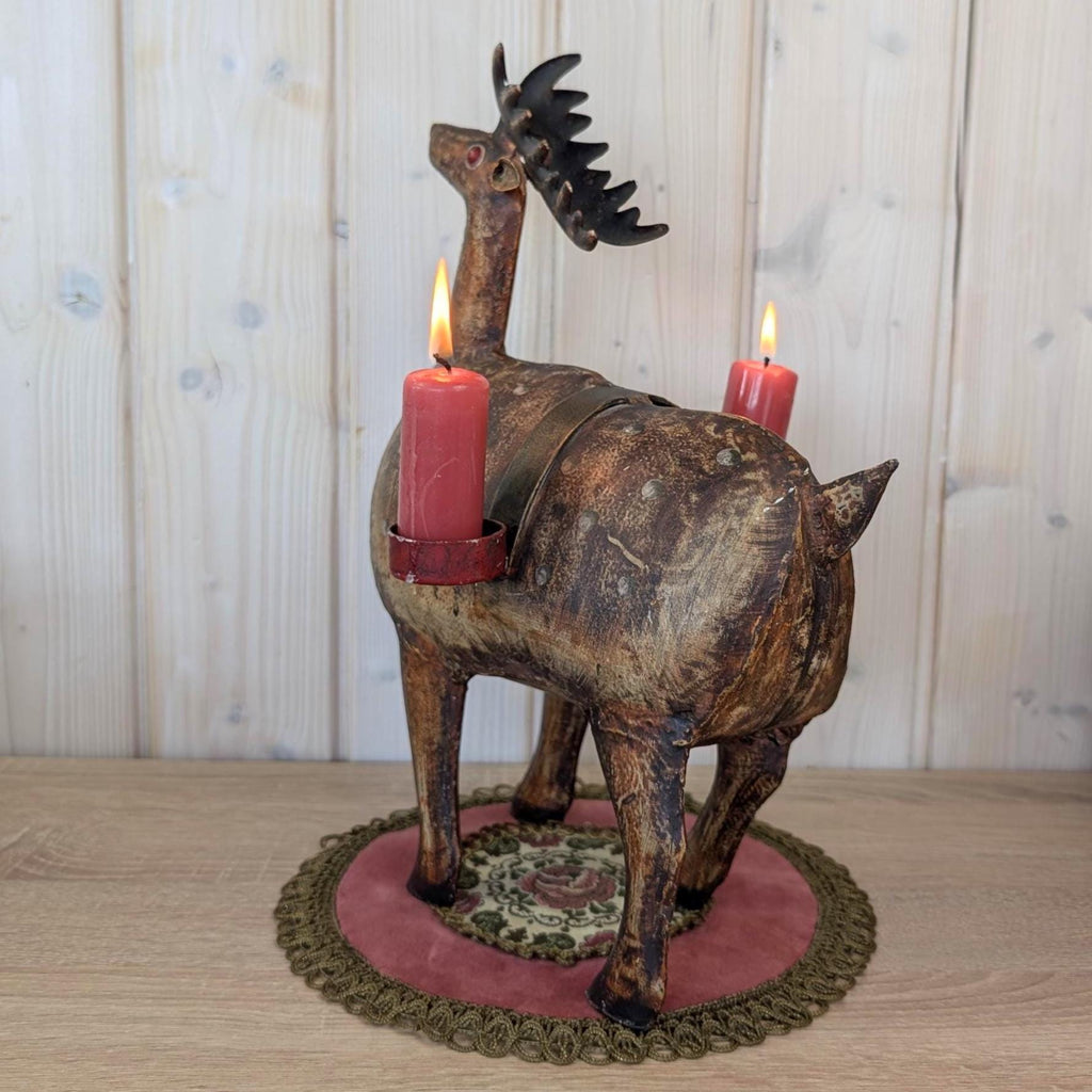 Vintage Folk Art Metal Deer Candle Holder, Hand Painted, Two Candles, European 1960s