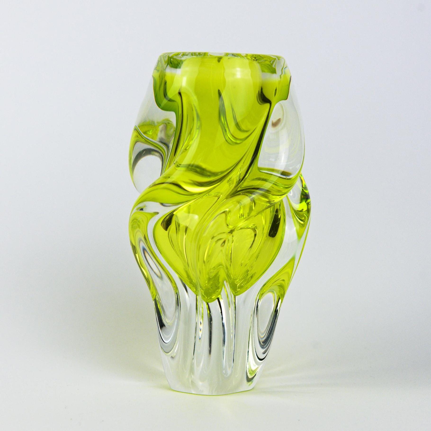 Josef Hospodka Chřibská Art Glass Vase, Uranium Yellow Green, Czech Sommerso, 1960s