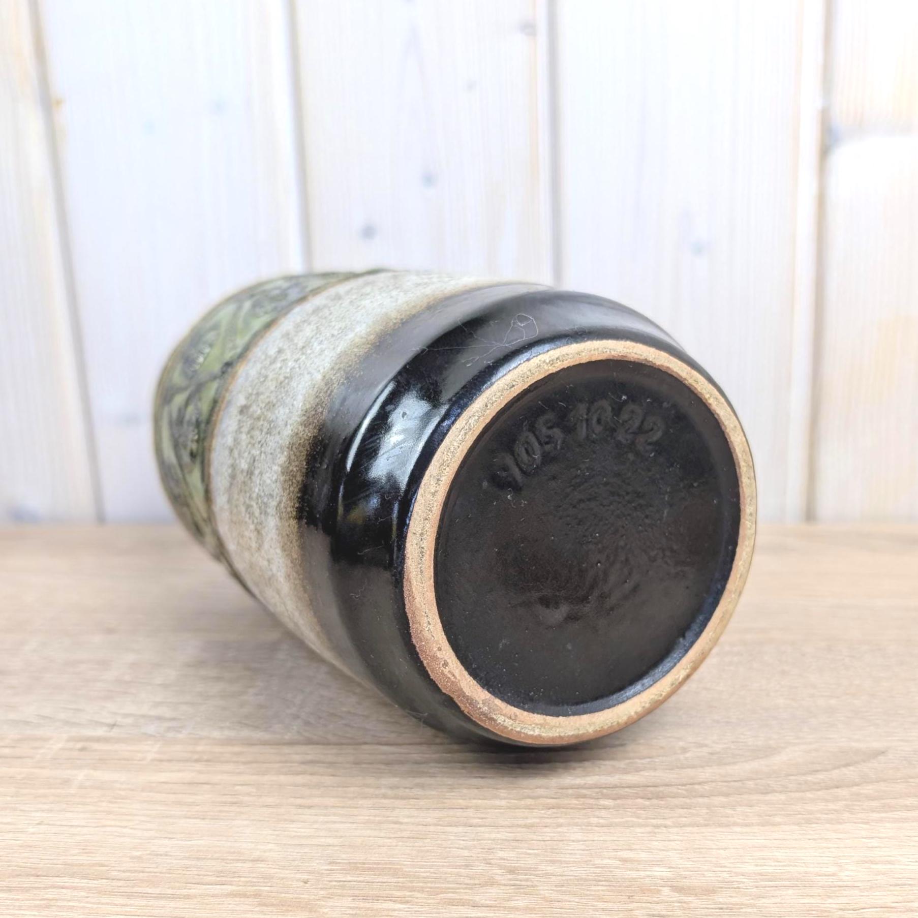 Jasba 905-10-22 West German Pottery Vase, Green Relief Band, Grey Black Glaze, 1960s